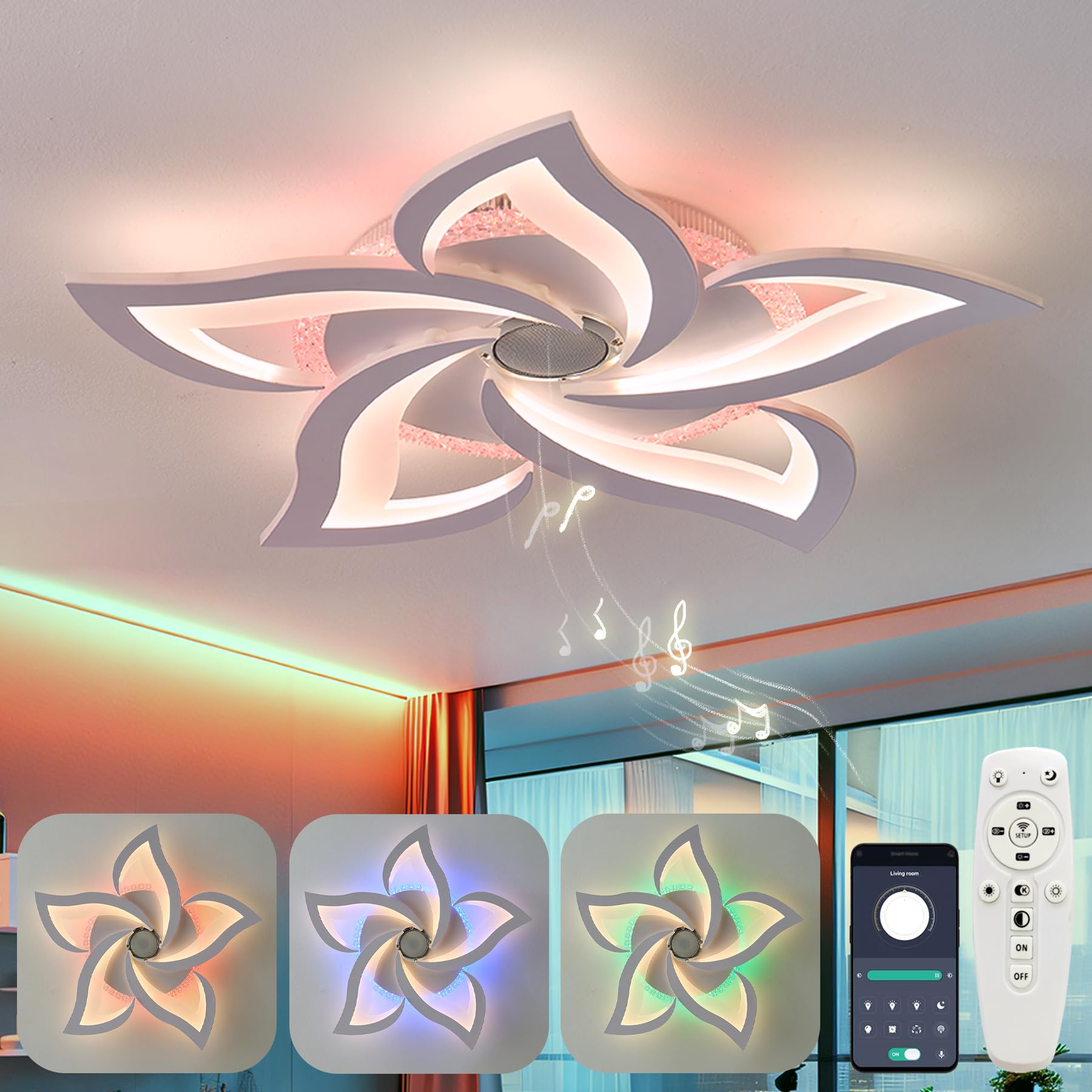 Rgb Ceiling Light With Built-In Speaker Sound Bedroom Ceiling Lamp Living Room LED Dimmable Ceiling Lighting With Remote Control Memory Function Modern Flower Ceiling Lights With APP Smart White Lamps