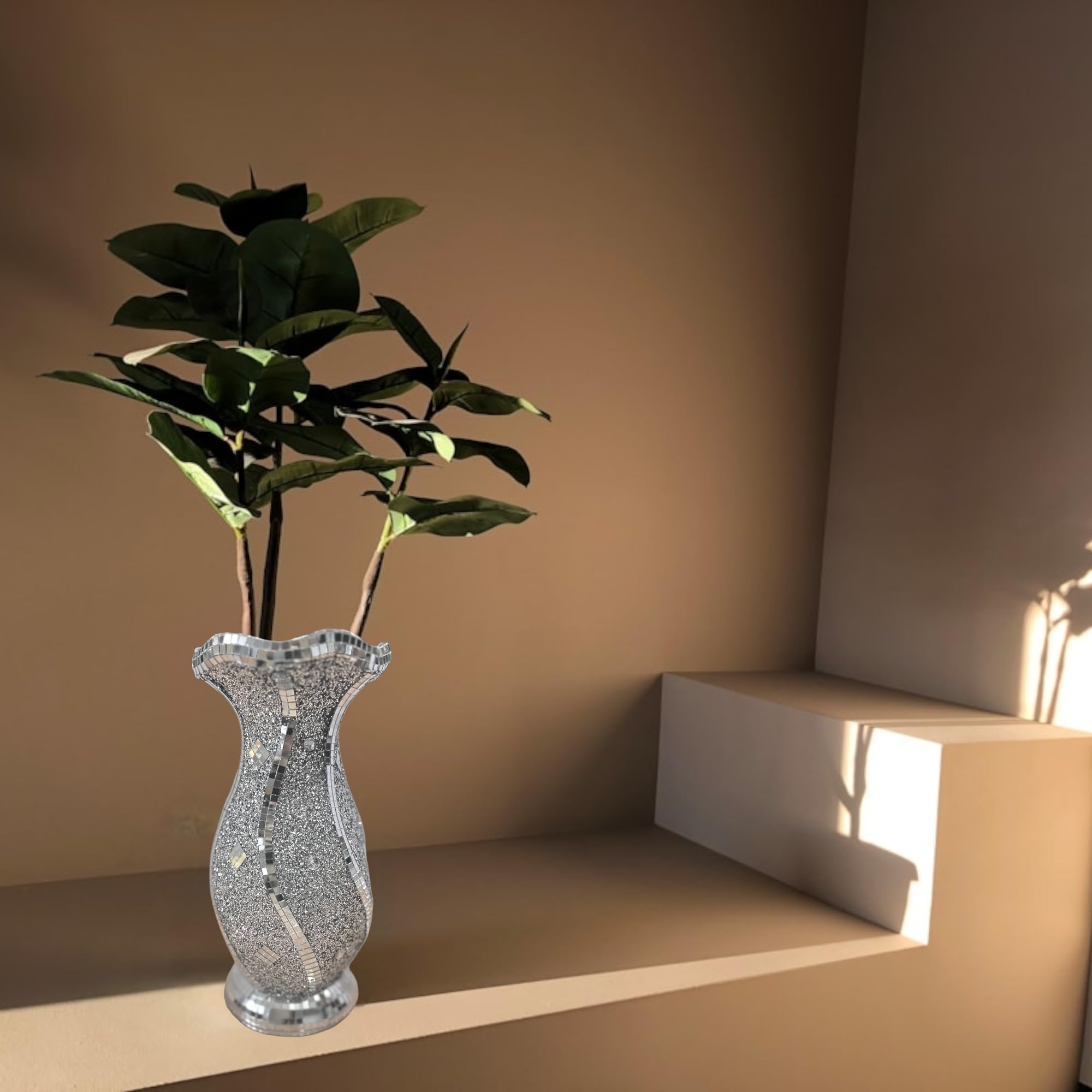 Silberne Kristallglasvase Mit Diamant-Optik – Luxuriöse Blumenvase Für Wohnzimmer, Hochzeit & Mehr
