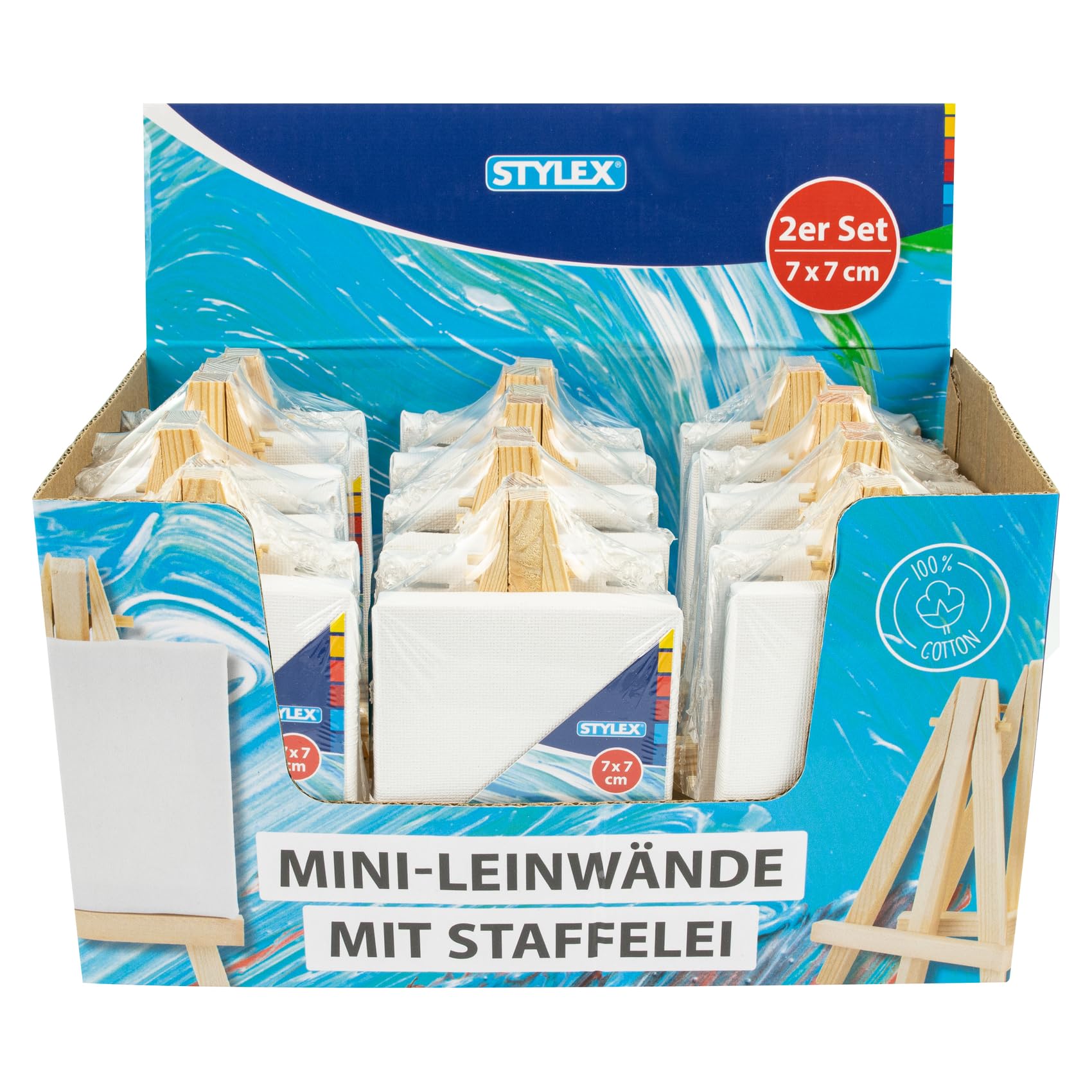 Stylex 28672-P12 - Mini tela con cavalletto, 12 x 2 pezzi rivestiti con tessuto 100% cotone, dimensioni 7 x 7 cm, preparati, cuciti sul retro, per colori a olio, acrilici, guazzo e tempera