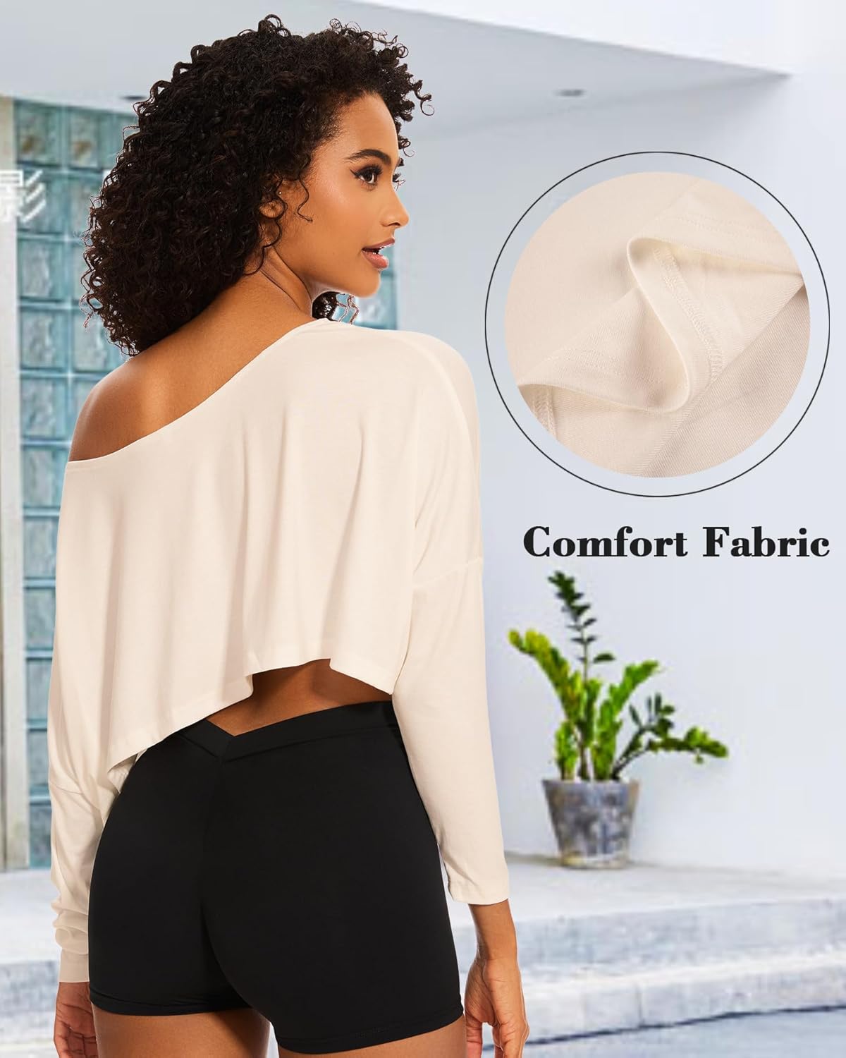 Off The Shoulder Crop Tops for Women Long Sleeve Crop Top Oversized Workout Boat Neck Summer Loose Casual T Shirt - Image 4