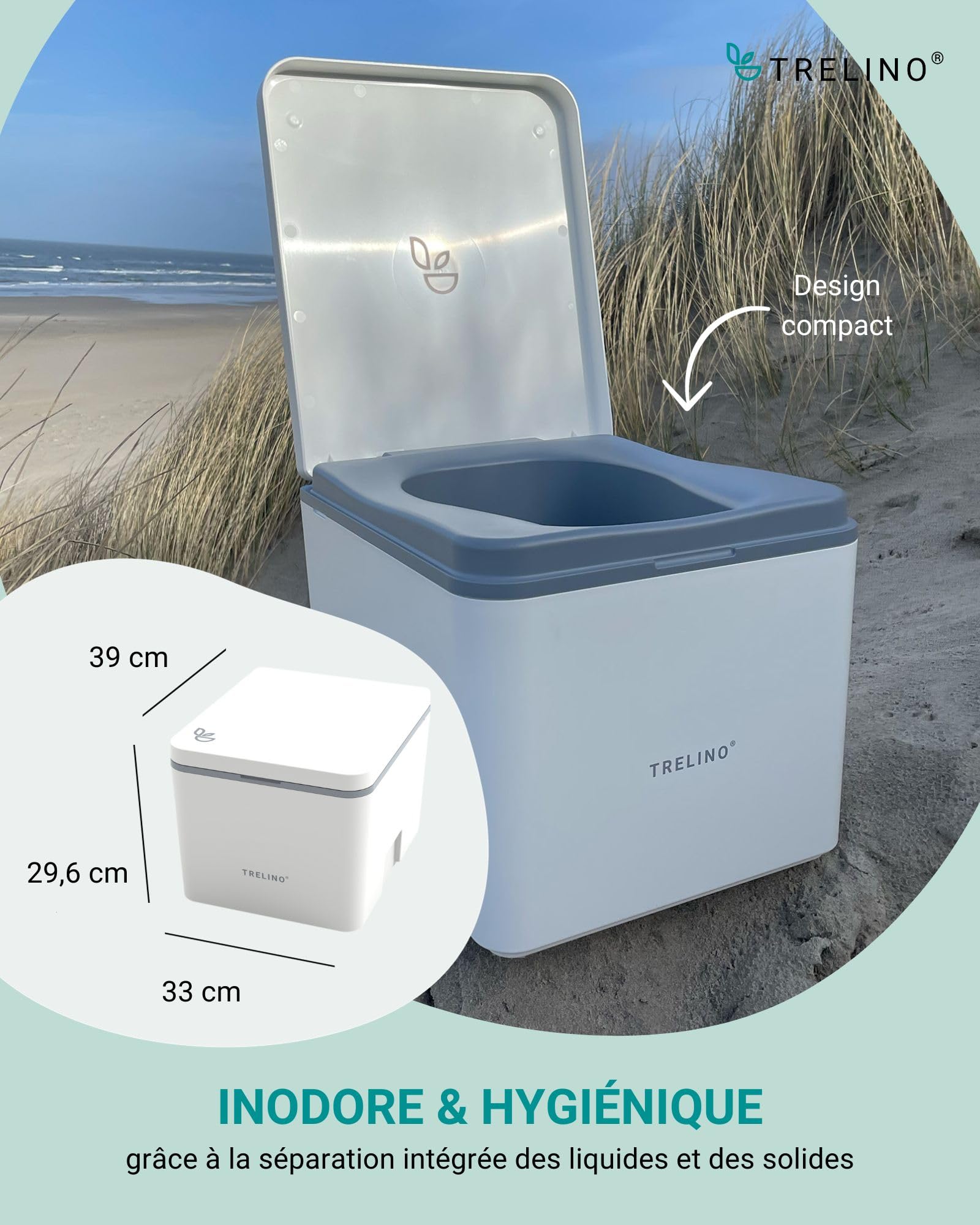 TRELINO Evo S Blanc (39 x 33 x 29,6 cm), Toilette sèche avec séparateur, Toilette Portable pour Camping et Plein air, 4,5 L & 6,5L capacité