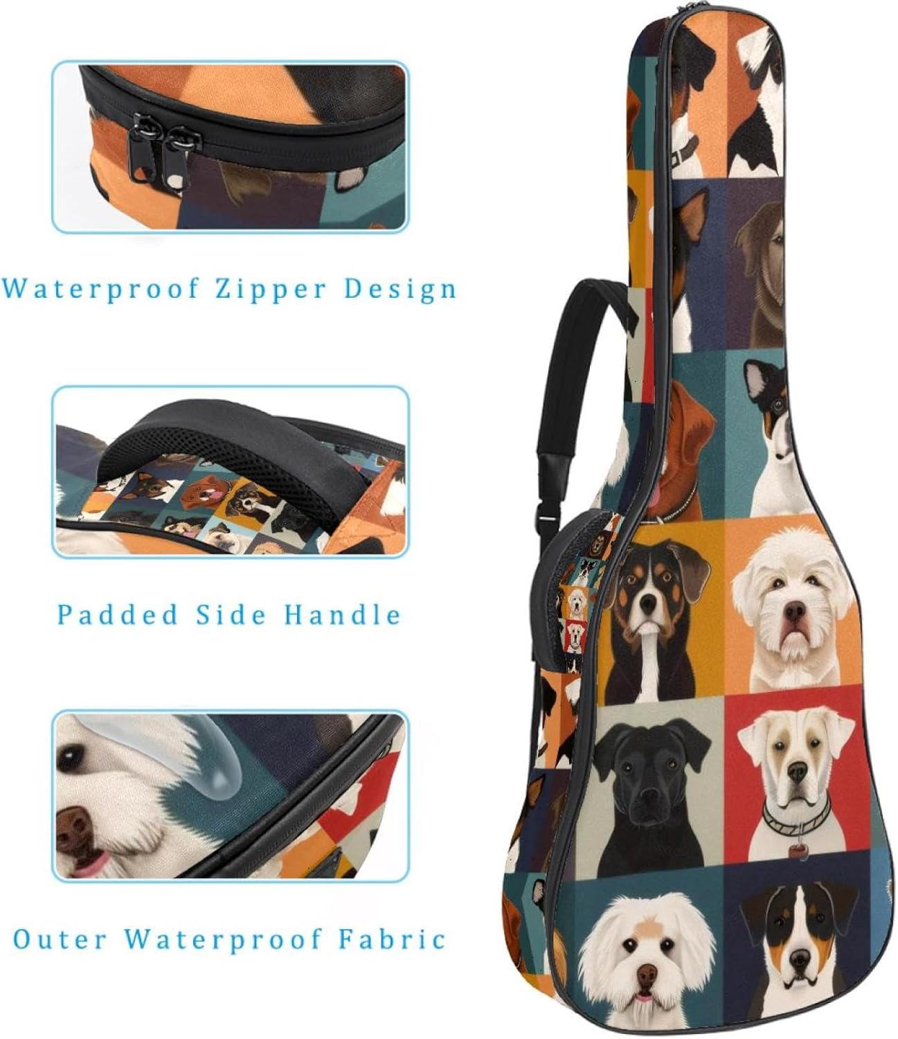 Acoustic Guitar Gig Bag 1 cm Thick Padding, Waterproof Electric Guitar Bag 40-42 Inch Guitar Case Backpack with Dual Shoulder Strap, Dog Breeds Background