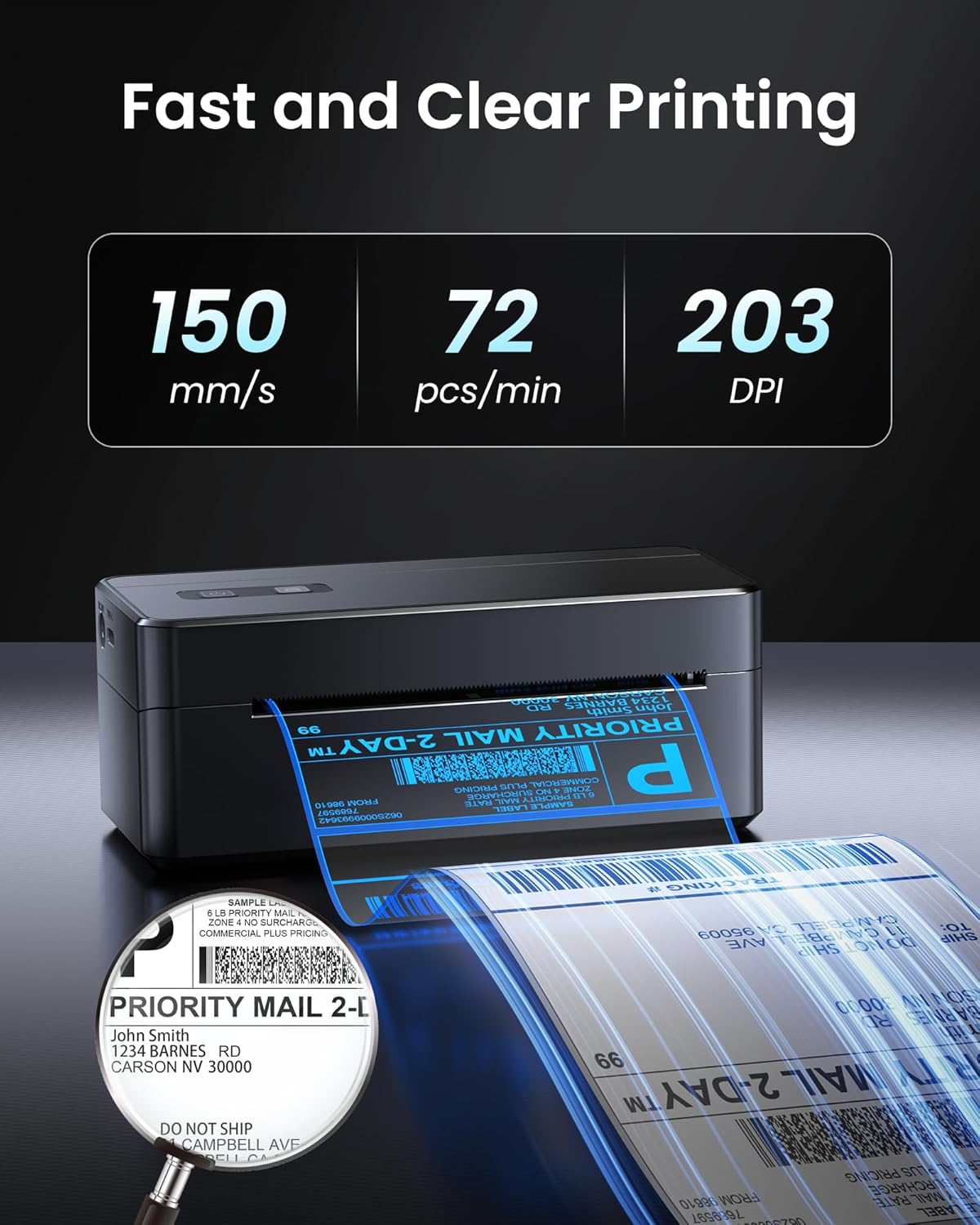 ASprink 2410 printer showing fast and clear printing capabilities with metrics: 150 mm/s, 72 pcs/min, 203 DPI.