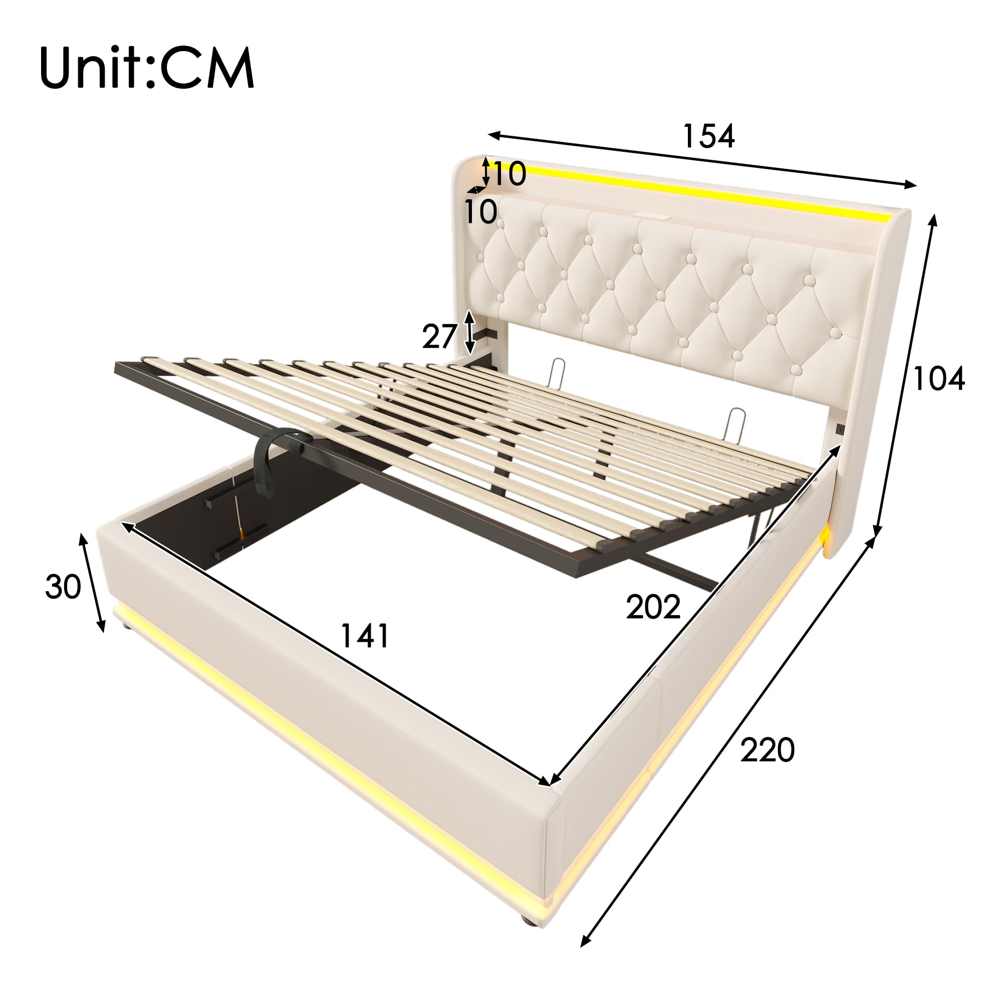 LINKHOO lit rembourré double, fonction LED surround 360, bouton-poussoir/application/télécommande,140*200 cm, matériau PU blanc Lit de camp hydraulique,avec fonction de charge USB Type-C(sans matelas)