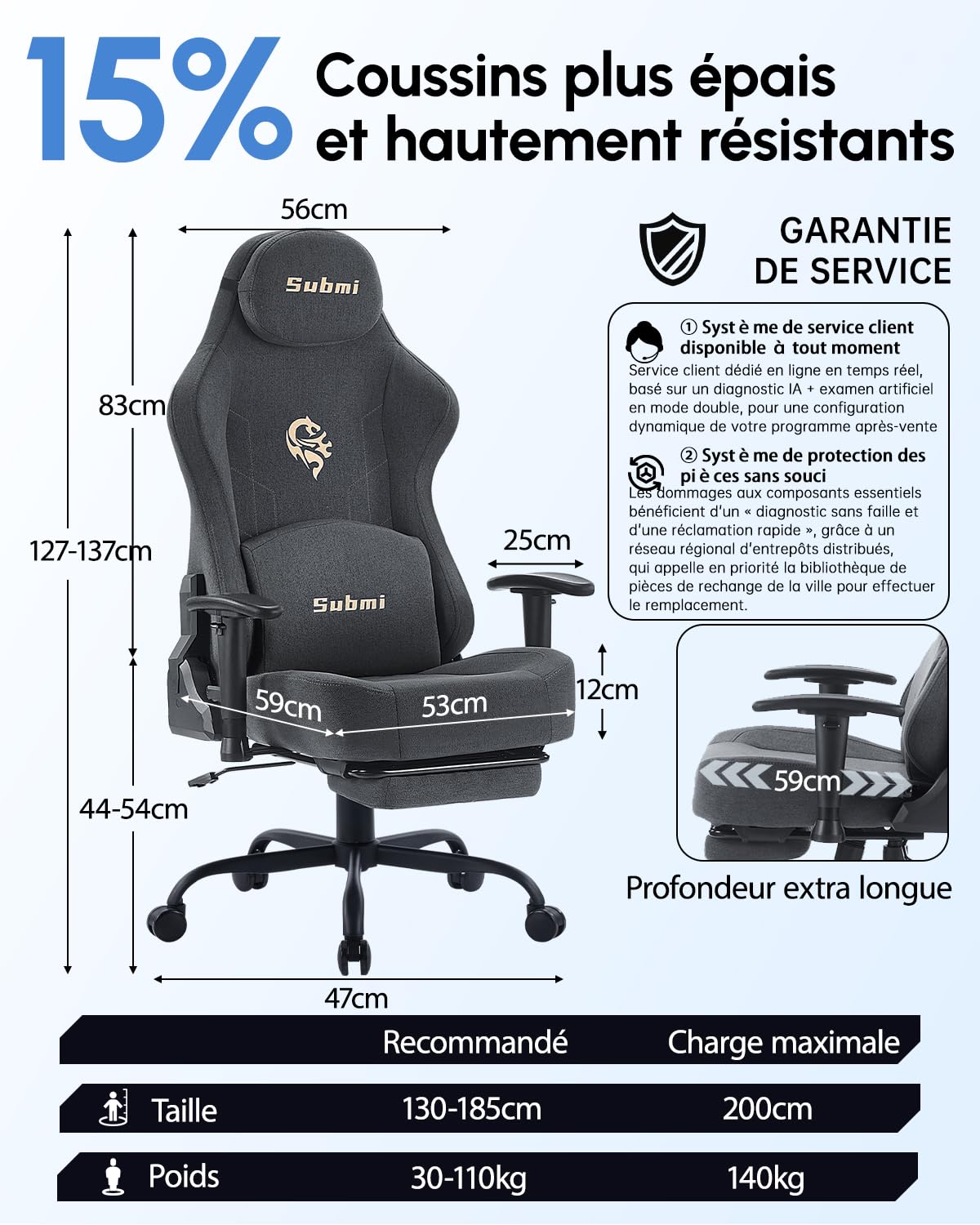 Chaise Gaming Ergonomique, Fauteuil Gaming Adulte avec Support Lombaire, Chaise Gamer Repose-Pieds et Chaise de Bureau Pivotante à Tissu, et Hauteur Réglable, Adolescent, 150kg (Gris Foncé)