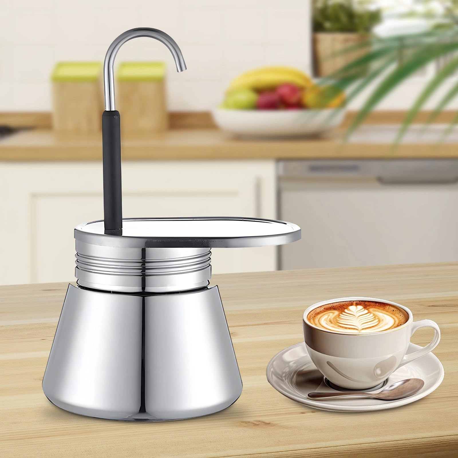 Stovetop Espresso Moka - Cafetera italiana de acero inoxidable, boquilla individual de pared gruesa, prepara un rico café crema en casa