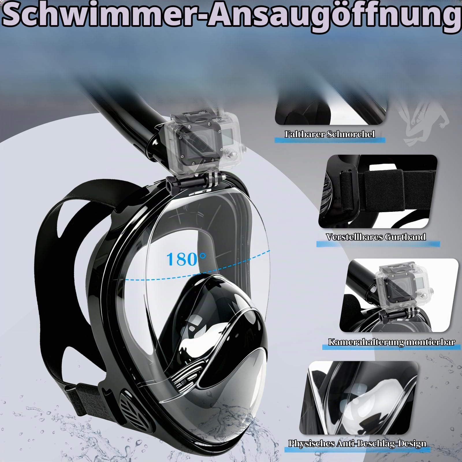 Schnorchelset für Erwachsene, Schnorchelmaske Vollmaske, CO2-Sicher, mit Einstellbar Flossen, 180° Sichtfeld und Kamerahaltung, wasserdichte Handytasche, Etui, für Schnorcheln Tauchen