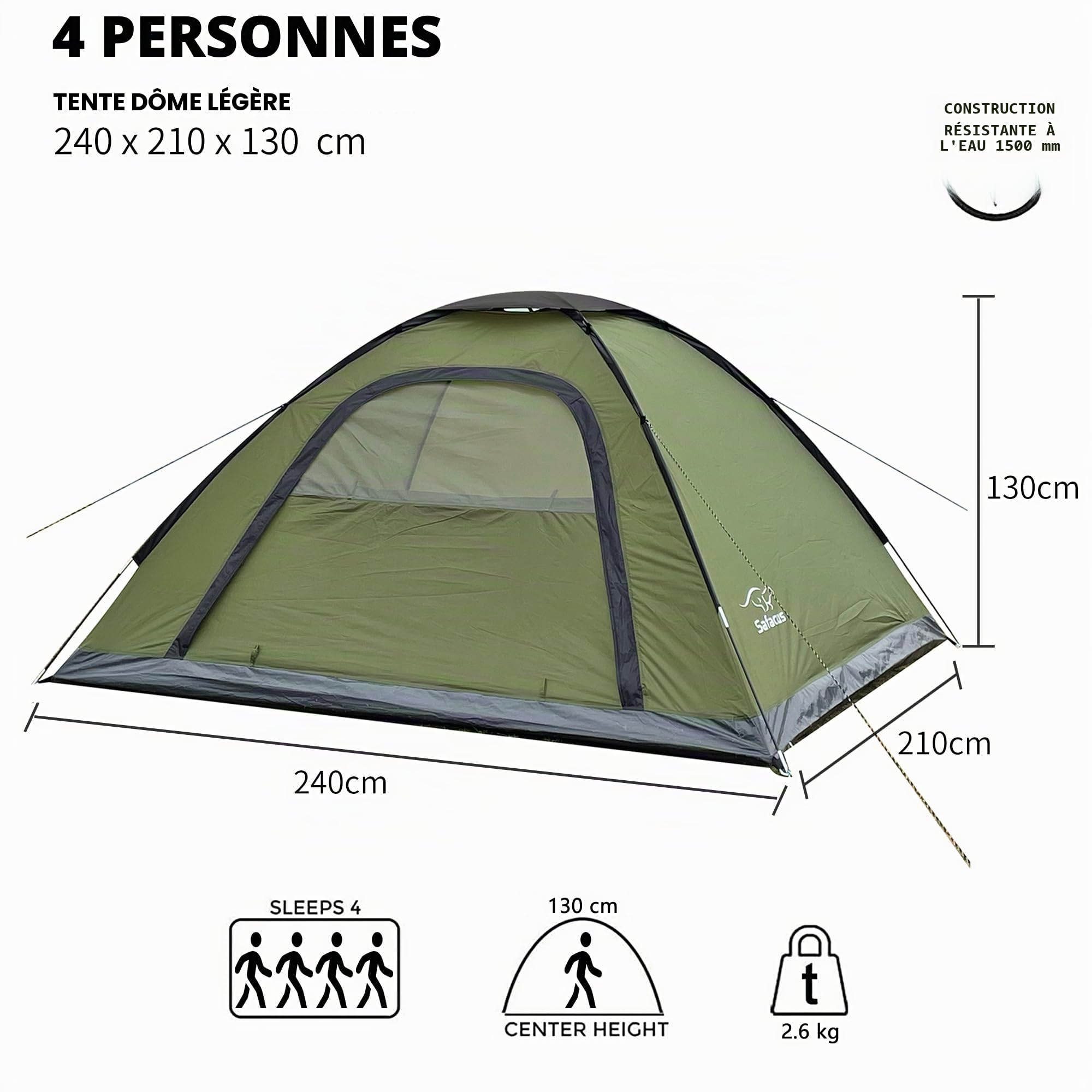 Tente de camping pour 4 personnes - 3 à 4 personnes - Tente dôme légère et imperméable - Tente familiale compacte - Montage rapide - En plein air