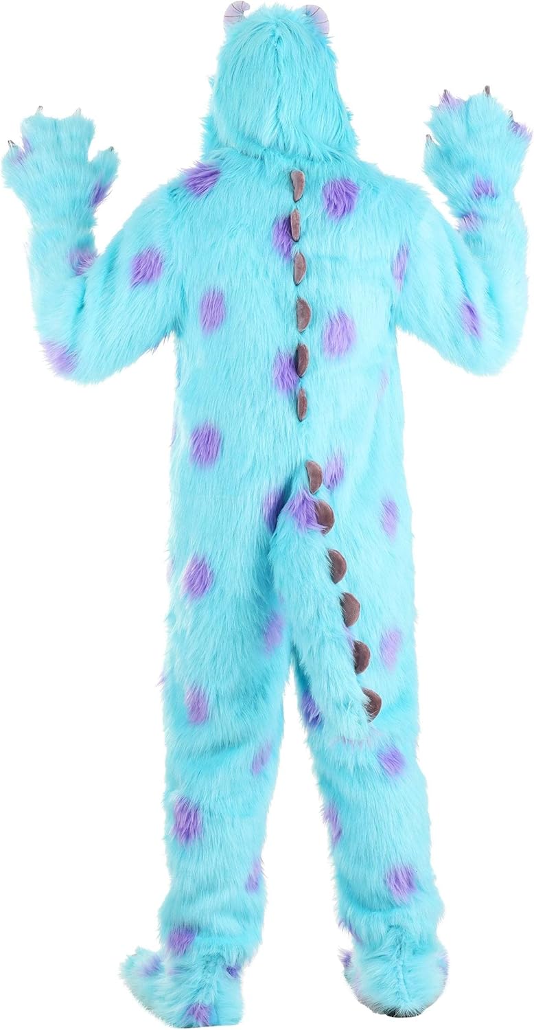Disney Monsters Inc Sulley Adult Costume with Hooded Jumpsuit, Mitts, Shoe Covers, and Spiked Tail for Halloween