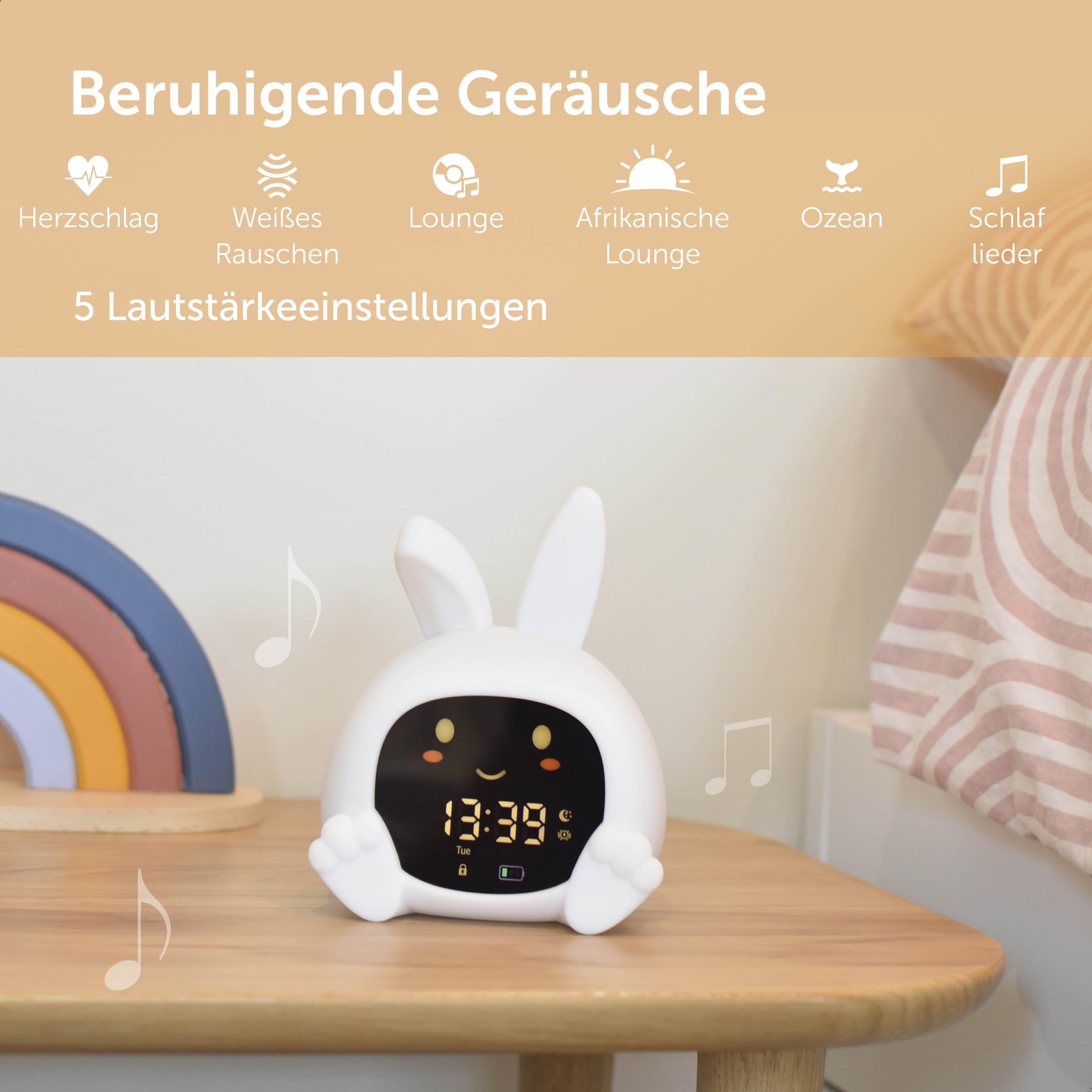 ZAZU Sarah Sleeptrainer für Kinder – Nachtlicht (5 Farben), Soundmaschine, Wecker mit 6 Sounds, Augen öffnen/schließen, wiederaufladbar inkl. USB