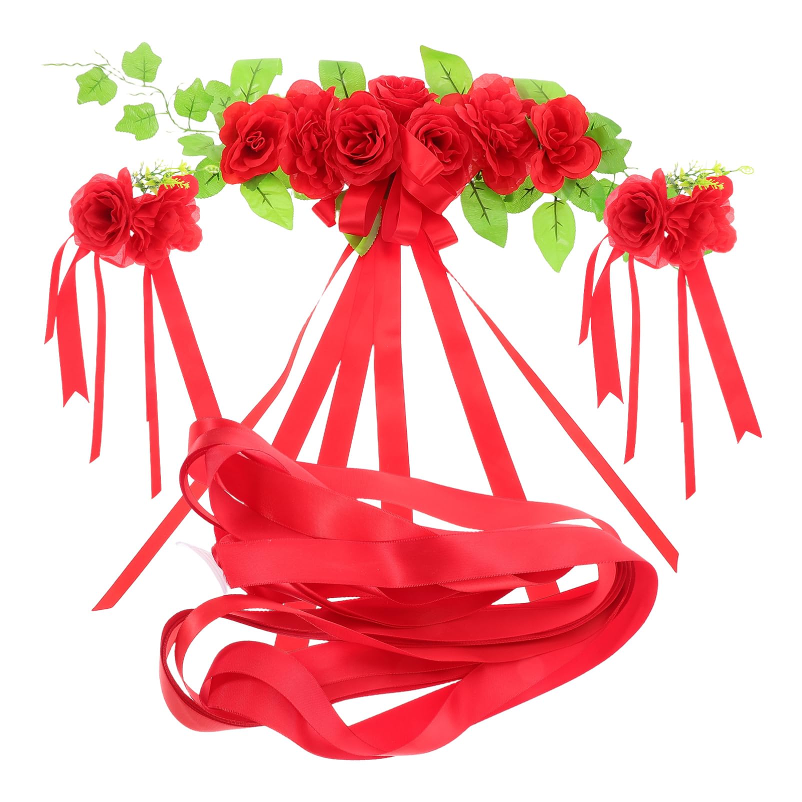 GLEAVI Elegante Hochzeitsdekoration für Hochzeitsauto mit Roten Filzherzen Künstlichen Rosen und Schleifen aus Bändern für Romantische Party und Autofeier
