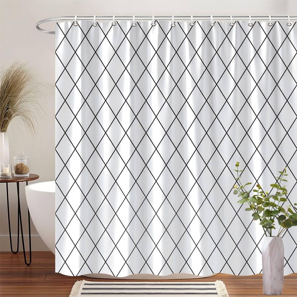 Cortina de Ducha Moderna con Estampado de Rombos en Blanco y Negro,Extra Larga,Lavable a máquina,de poliéster con Ganchos,Elegante diseño geométrico para decoración de baño,175 x 220 cm.