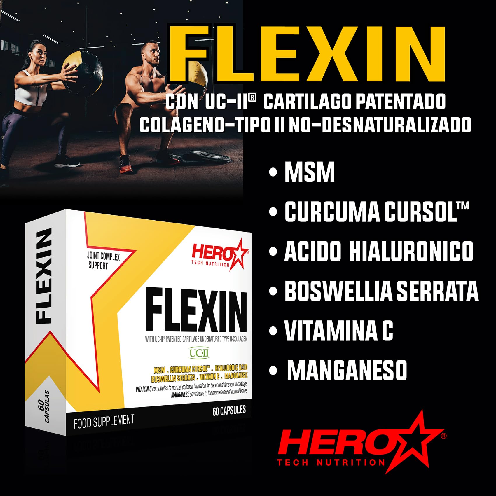 HERO TECH | FLEXIN 60 caps. | Apoyo a la Salud de Articulaciones | Con Colágeno, Cartílago y MSM | 7 ingredientes activos para mejorar la salud articular y regenerar el tejido conectivo | Sin OGM