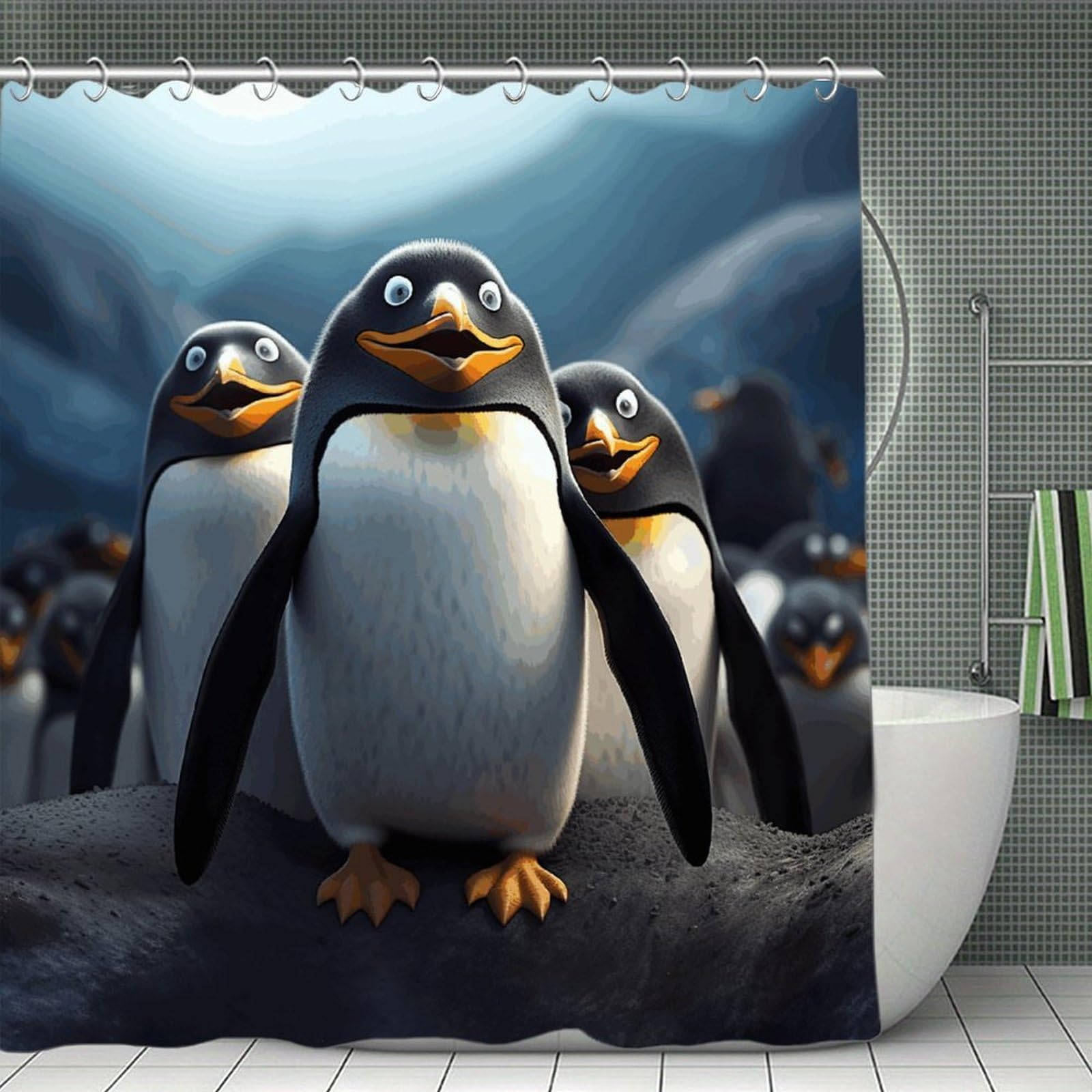 JTREHY Funny Penguins Shower Curtain Waterproof Bathroom Shower Curtain Machine Washable Bath Curtains Polyester Cloth Bath Curtains for Bathroom Showers 70.8×70.8Inch