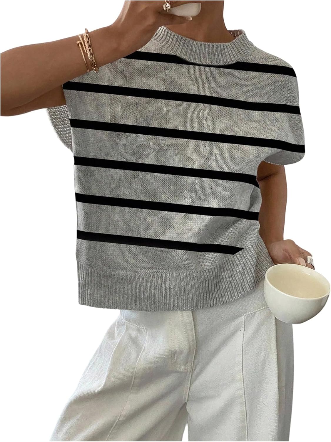 SOLY HUX Women's Short Sleeve Sweater 3D Floral Sweaters Pullover Tank Tops Knit Vest Trendy Fashion Clothing Grey Striped Large