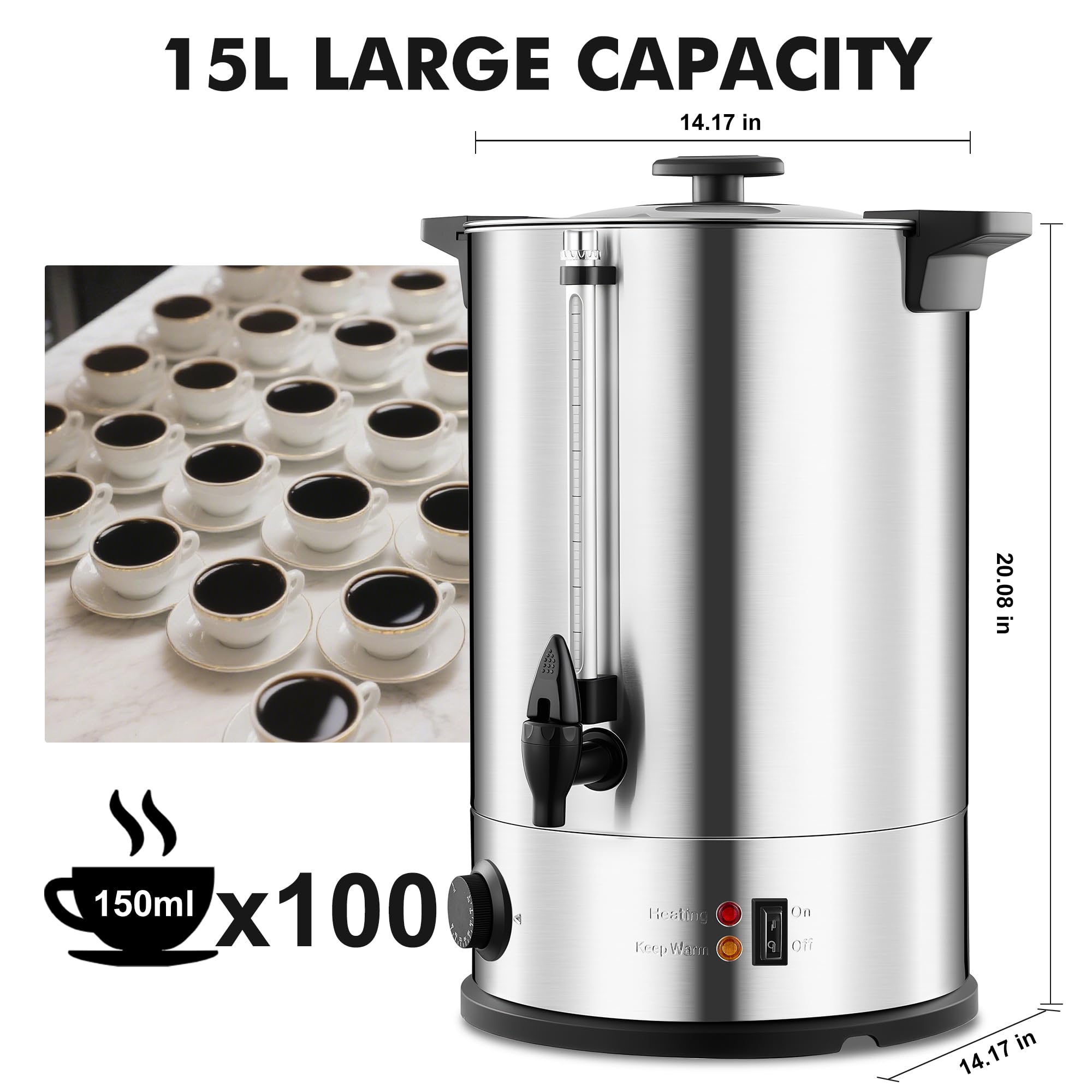 Urna da caffè commerciale, 100 tazze, grande macchina da caffè, erogatore di bevande calde con doppia parete in acciaio inossidabile, urna d'acqua per eventi, birra rapida, controllo della