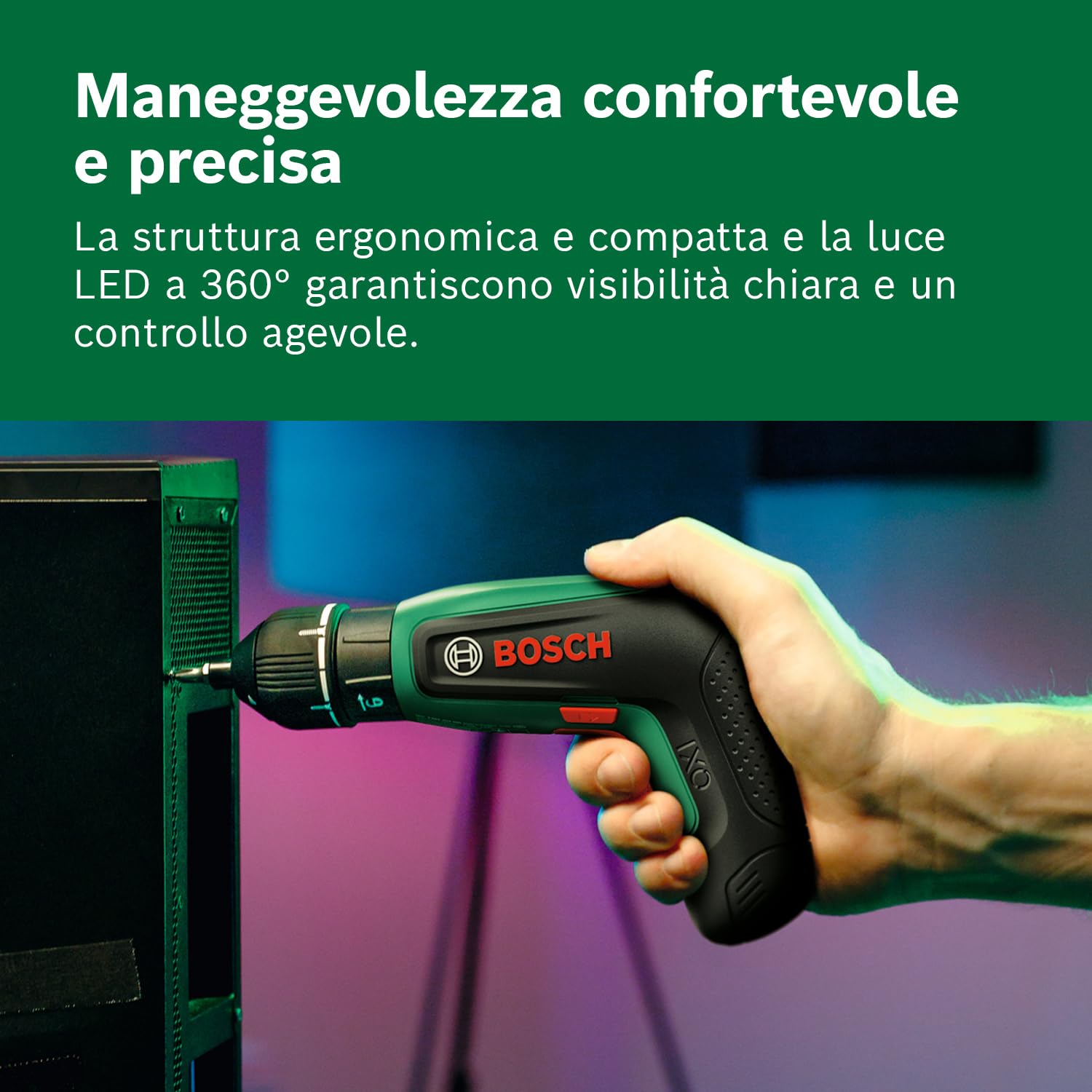Bosch IXO8 Cacciavite a batteria (incl. adattatore angolare, set di 10 bit e batteria, in scatola di cartone)