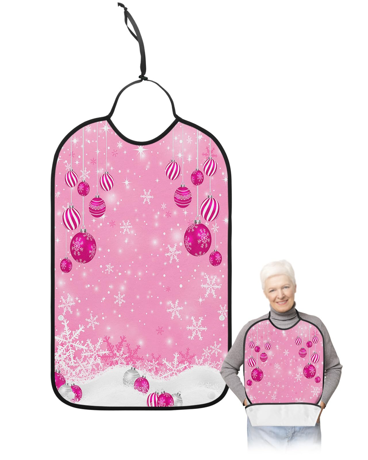 LEOKOTI Pink Christmas Balls Adult Bibs for Eating, Waterproof Bibs with Food Catcher & Adjustable Snap Closure, Xmas Winter Snowflake Washable Clothing Protectors Adult Bibs for Elderly Women/Men