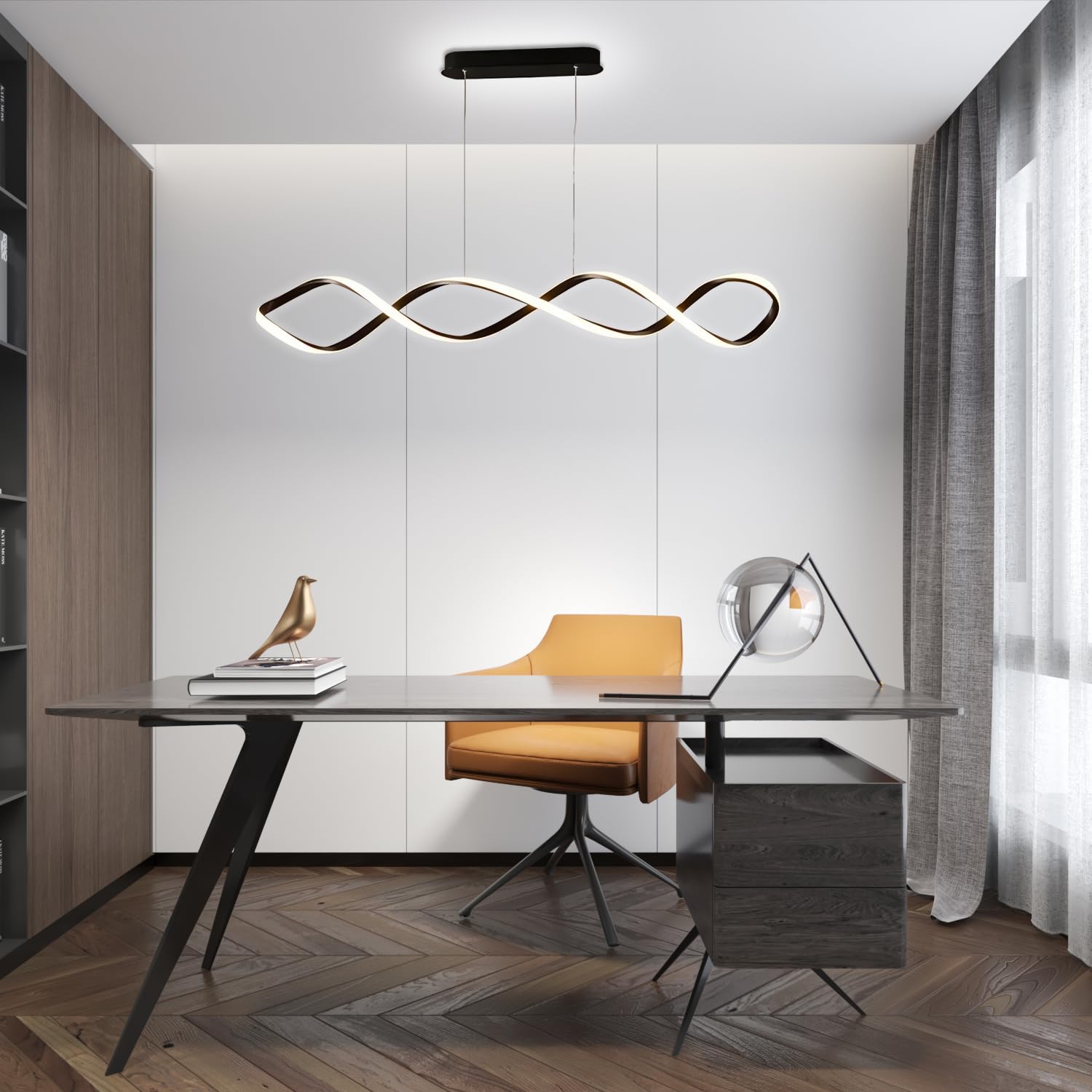 Kreative spiralförmige LED Pendelleuchte Decke Esstisch Kücheninsel Hängeleuchte Esszimmerlampe dimmbar mit Fernbedienung moderner Kronleuchter für Büro Küche Arbeitszimmer (Schwarzes, L80cm)