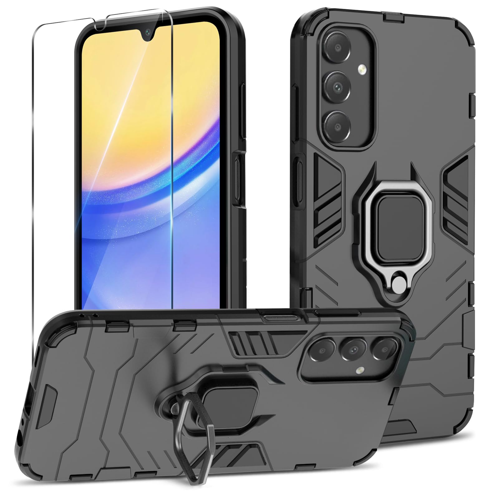 Funda para Samsung Galaxy A13 4G con Cristal Templado Protector Pantalla, Carcasa Antigolpes con Soporte anular metálico, Case Protectora de Grado Militar, Negro — view 185