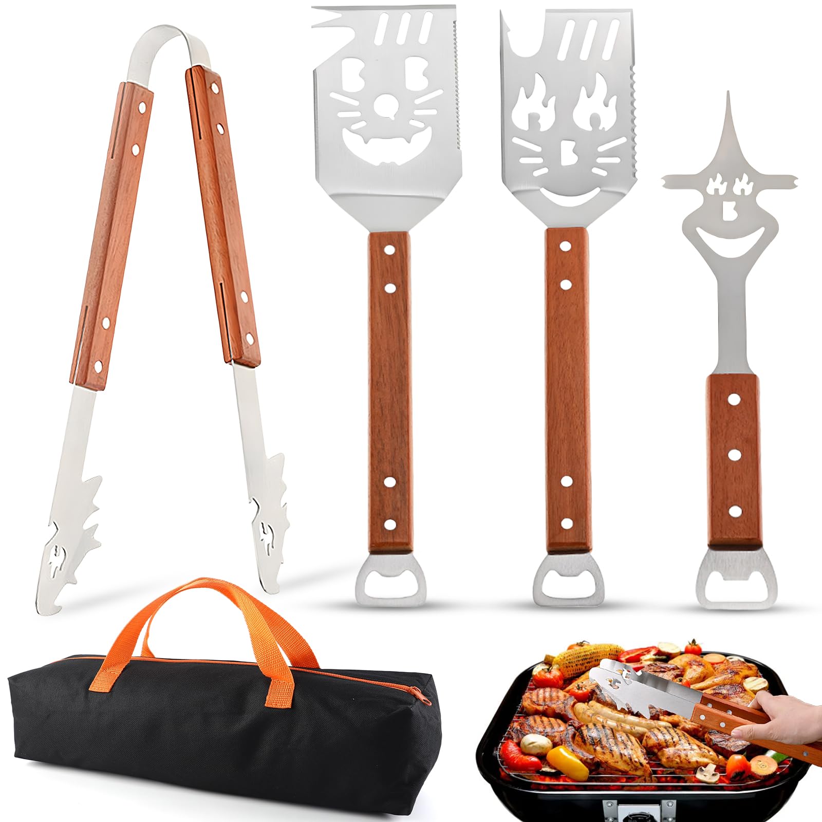 Accessori BBQ, Set Barbecue, Multifunzionali Kit Attrezzi Barbecue, con Maniglia in Legno, Coltello e Forcello, Sega, Regalo Uomo, Regali per Papà Giornata del Padre (4 Pezzi, ABCD)