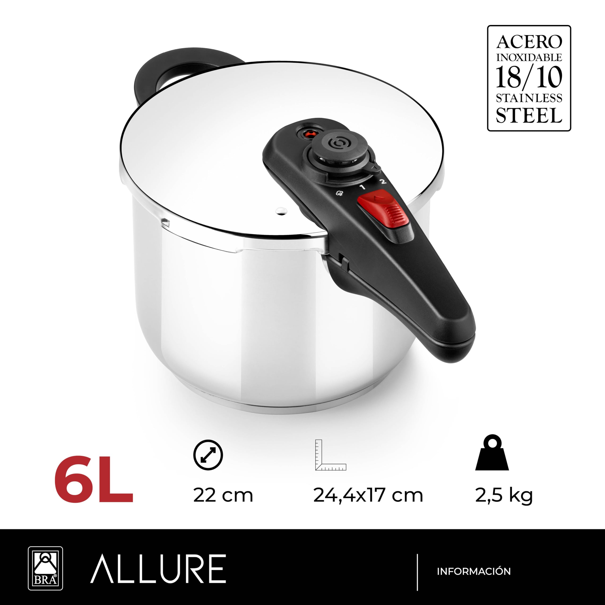 BRA Allure | Olla a Presión Rápida de 6 Litros, Fabricada en Acero Inoxidable 18/10, Con 2 Programas de Cocción y Sistema de Bloqueo de Apertura, Apta para Todo Tipo de Cocinas