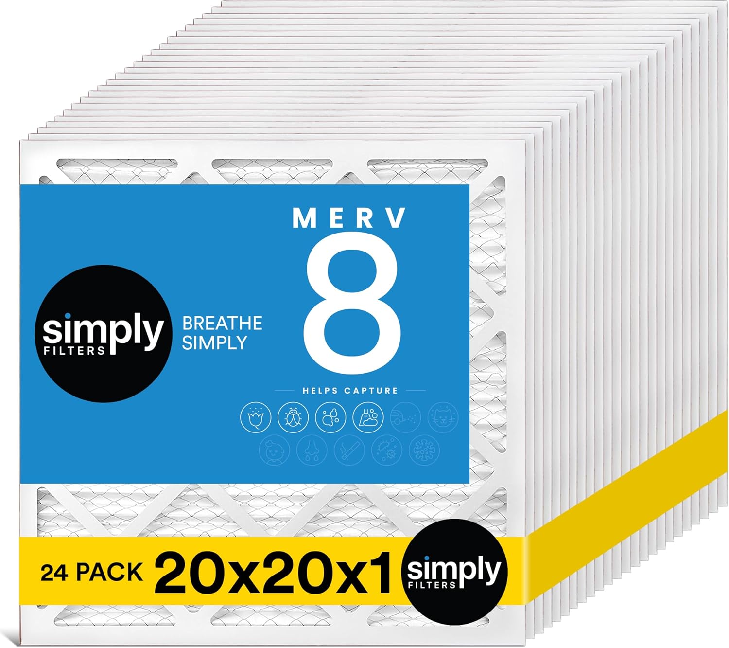 Simply 20x20x1 Air Filter, MERV 8, 24 Pack, For Home AC Furnace & HVAC (Actual Size: 19.75"x19.75"x0.75") DUST, Pet, & Allergy Control