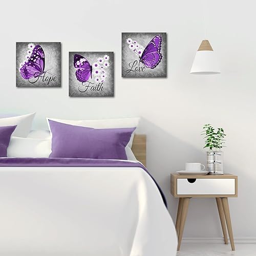 Miniatura 5 de Artsbay Arte de pared de mariposa púrpura con margaritas, citas inspiradoras, amor, esperanza, fe, cuadros enmarcados, moderno, lienzo de mariposa,