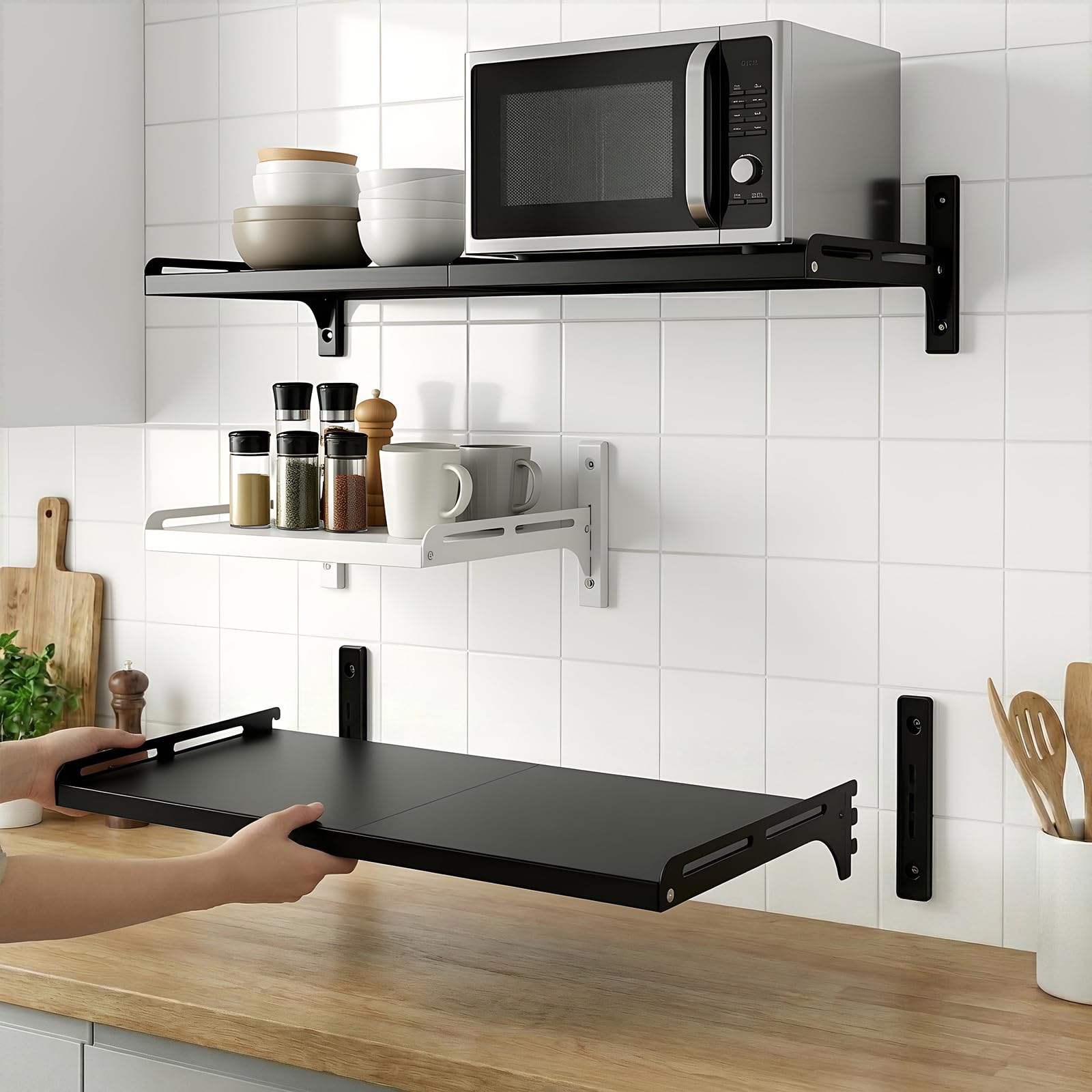 ABCOOL Étagère Murale Extensible pour Four à Micro-Ondes Cuisine Maison, Support Réglable Amovible avec 4 Crochets