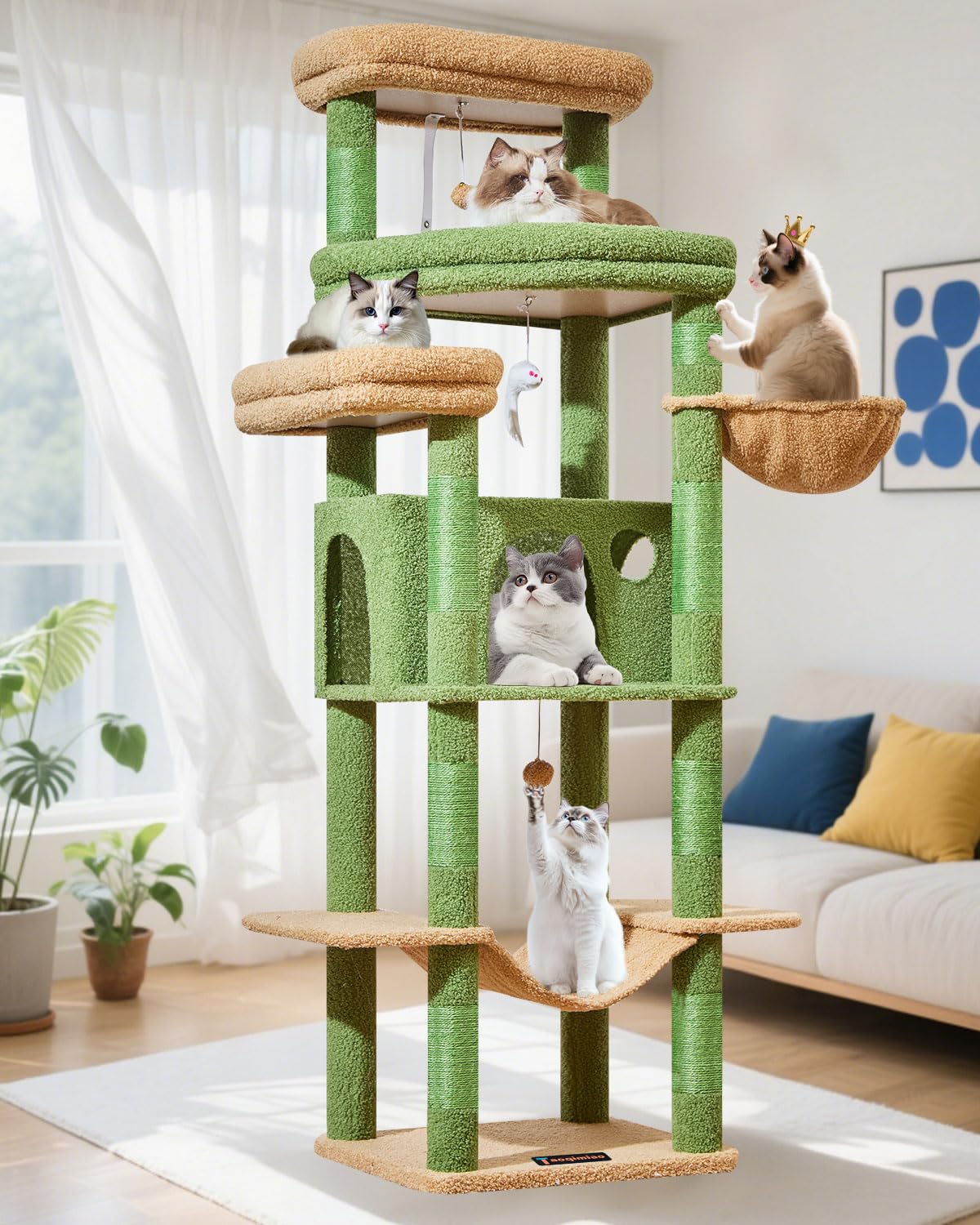 Taoqimiao Cat Tree, 180cm Large Cat Tree for Big Cats Cat Towers for Indoor Cats with 9 Scratching Posts, Spacious Platform, Cozy Hammock, Top Perch, Widened Cat Condo, Green MS034T
