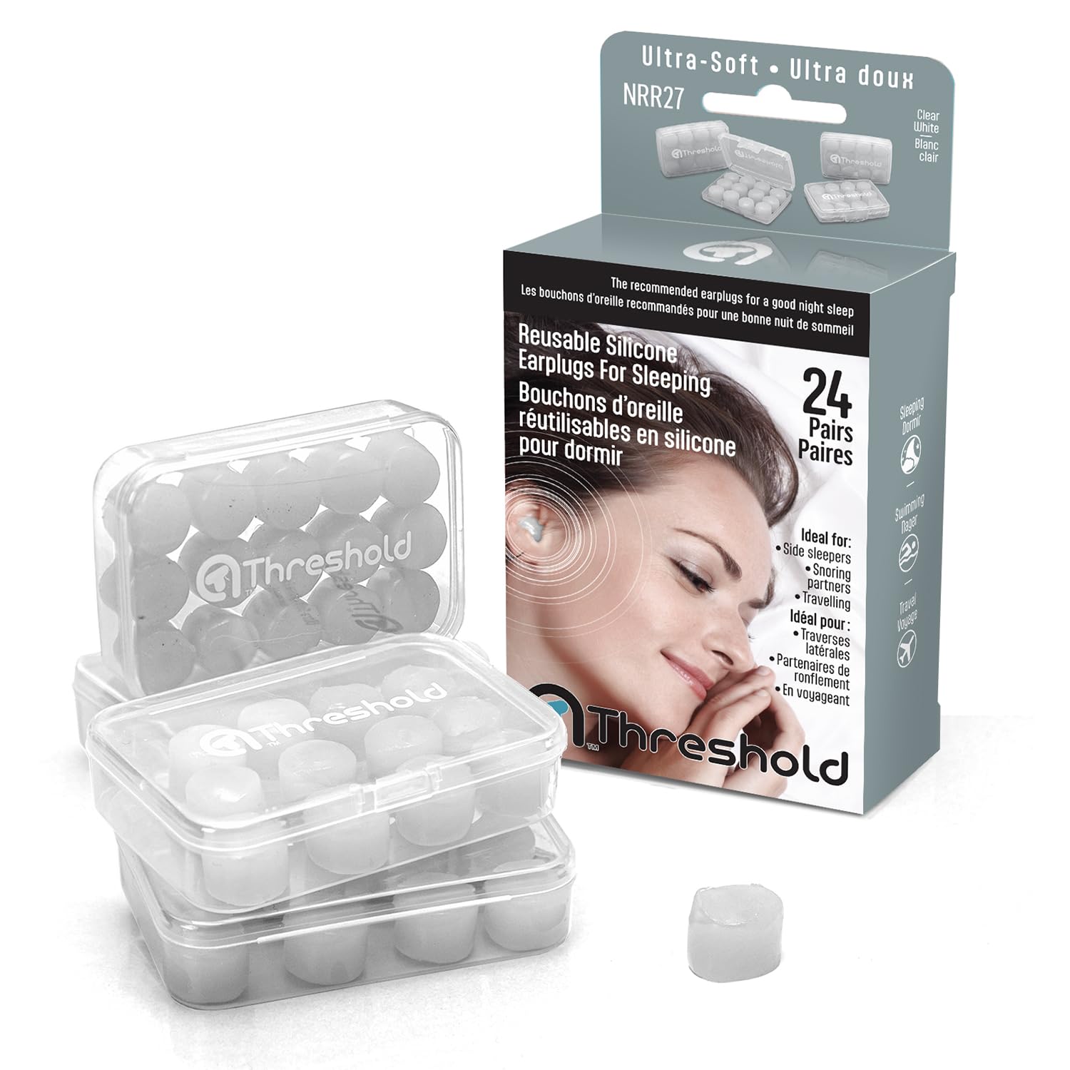 Threshold 24 Pairs Soft Silicone Earplugs for Sleeping, Swimming, Travel, Working, Studying, Snoring, Moldable, Reusable, Waterproof, Noise Reduction, Value Pack, White