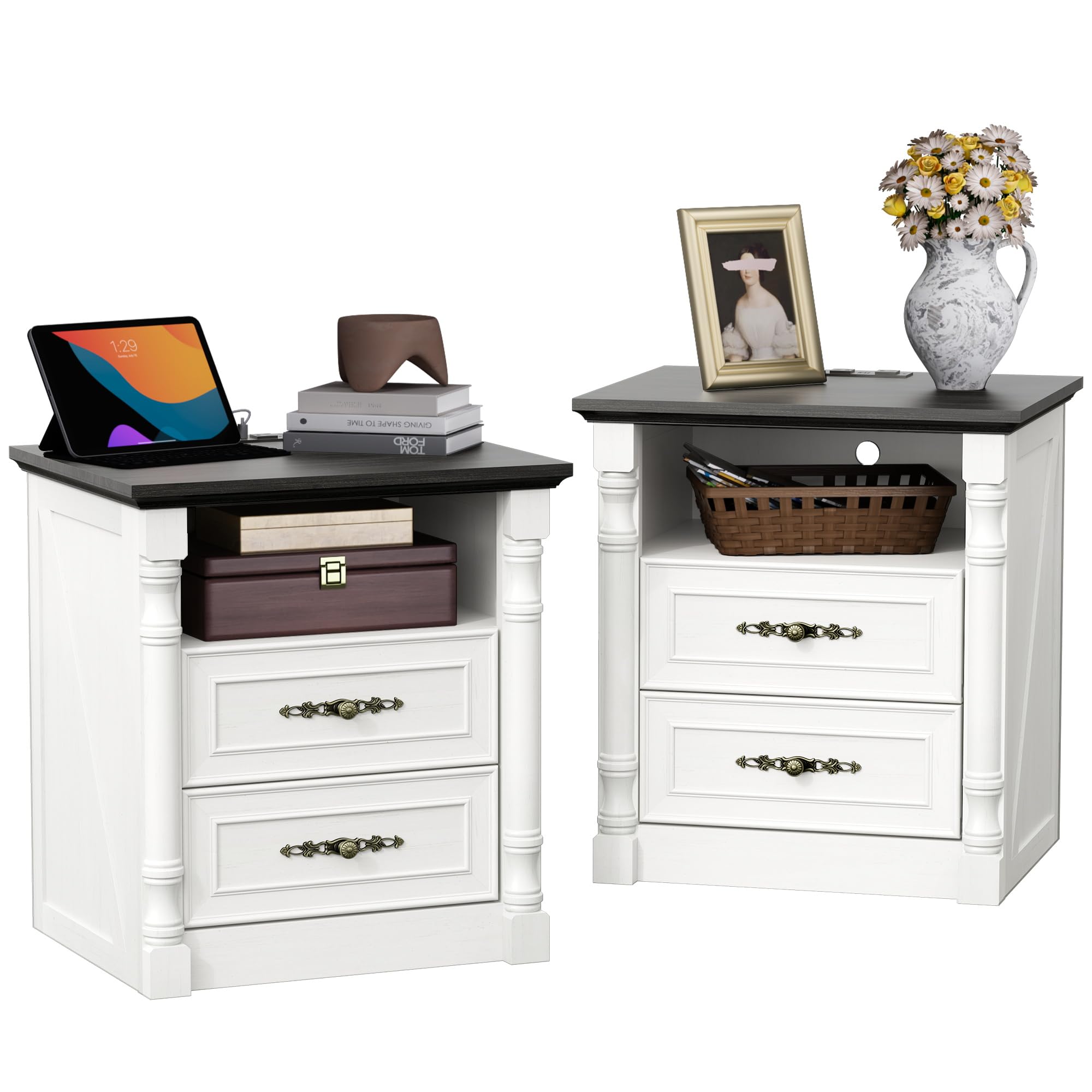 jmhdyg Bedroom Nightstands Set of 2, Farmhouse Vintage Night Stand with Charging Station and 2 Storage Drawers, 22" Wide Wood Bedside Table, Rustic