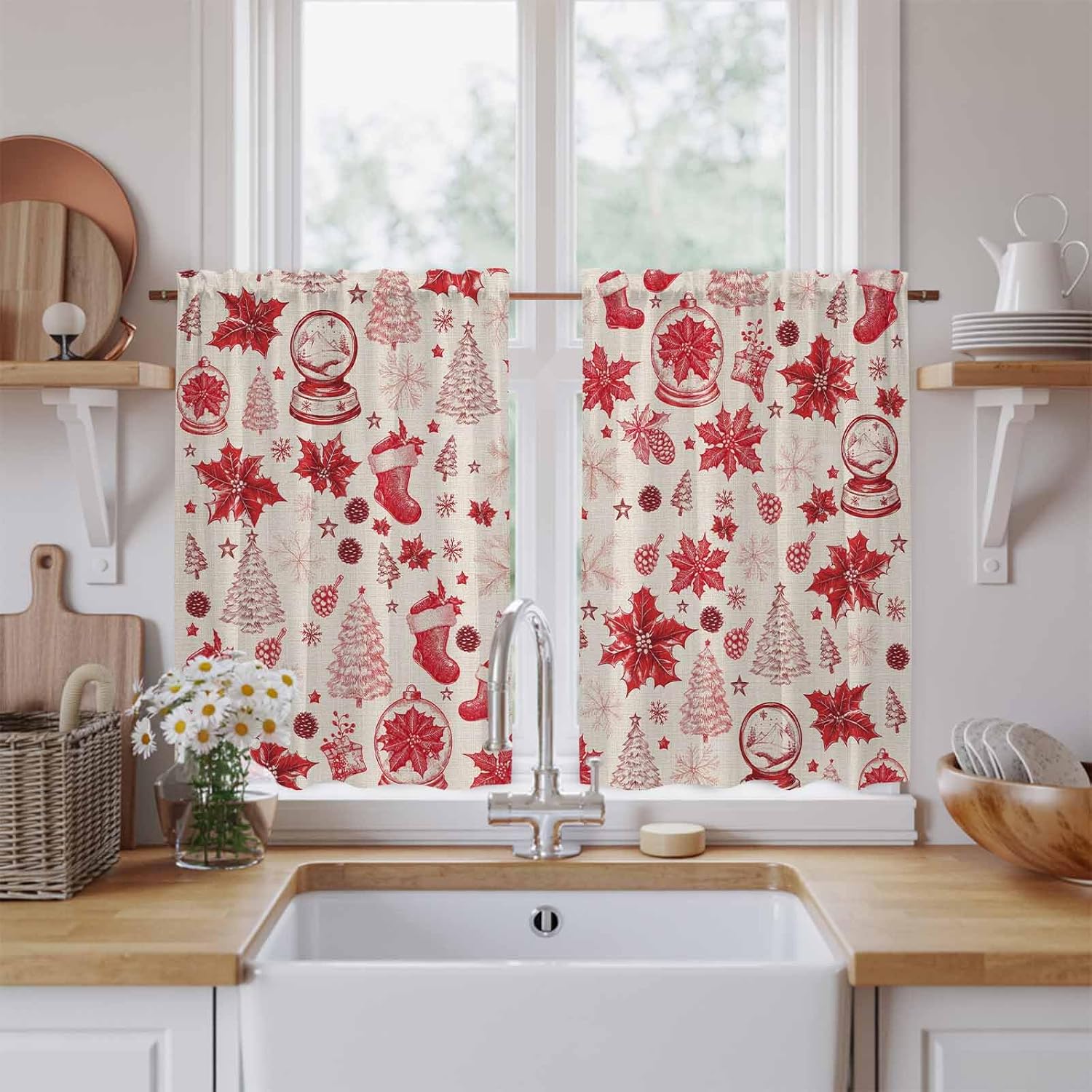 Red Christmas Kitchen Tier Curtains 45 Inch Long 2 Panel Set,Rod Pocket Short Window Treatment,Xmas Poinsettia Tree Snowflake Rustic Curtains & Drapes for Bathroom Basement 27.5"W x 45"L