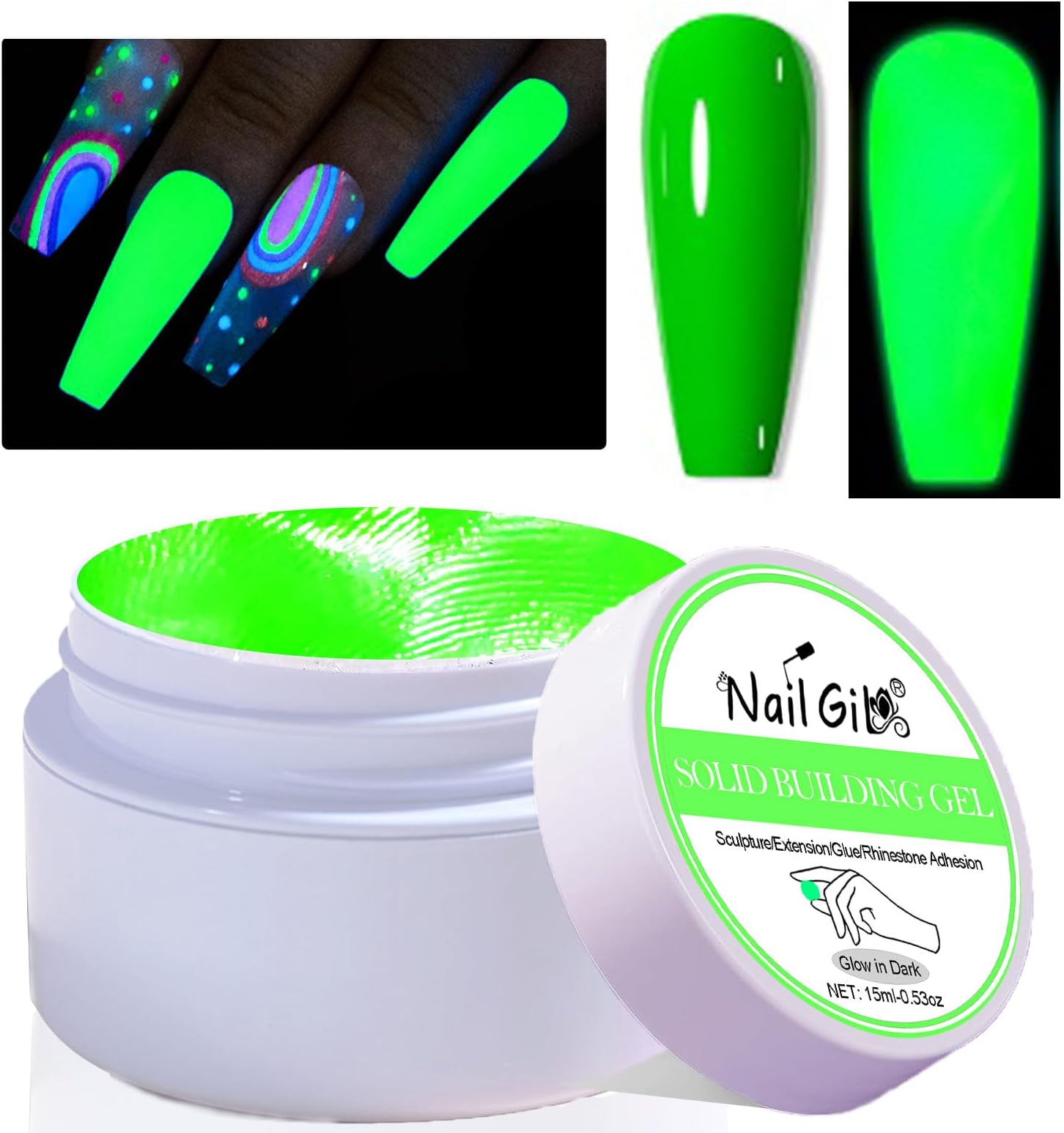 NAILGIL Neon Solid Builder Gel for Nails, Glow in the Dark Fluorescent Green Sculpture 3D Gel Nail Art for Women Summer Hot Colors, Non-Stick Hand LED/UV Needed -15g ﻿