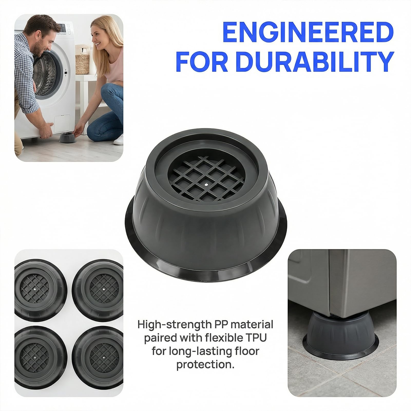 4PCS Soporte Antivibración para Lavadora, Patas de Goma Reforzada para Reducir Ruido y Estabilizar Electrodomésticos, Compatible con Base lavadoras, Patas Lavadora Antivibracion y Elevación de Muebles — view 4