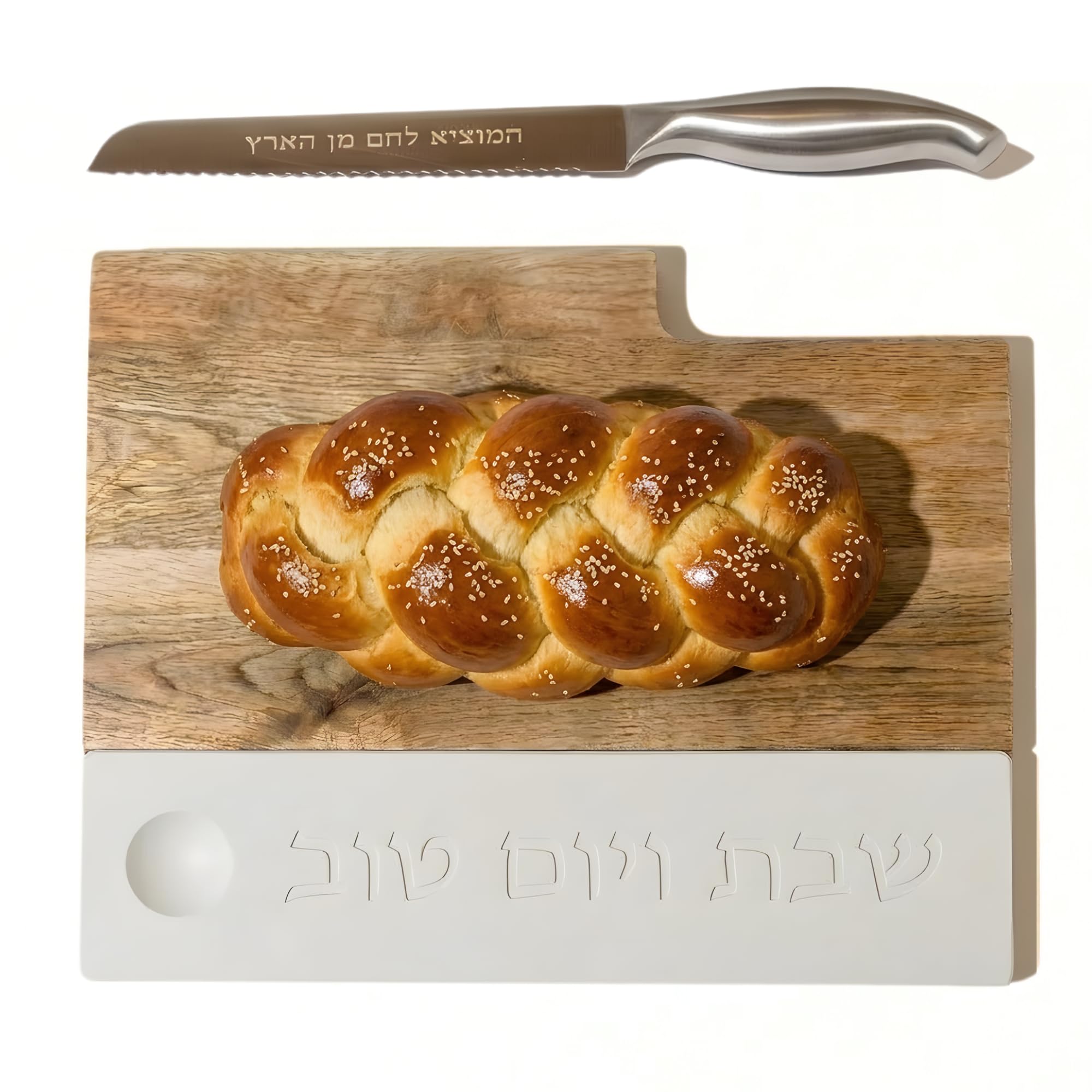 SURI Challah Board & Knife Set – Wooden and Concrete Challah Cutting Board for Shabbat Table, Judaica Gift
