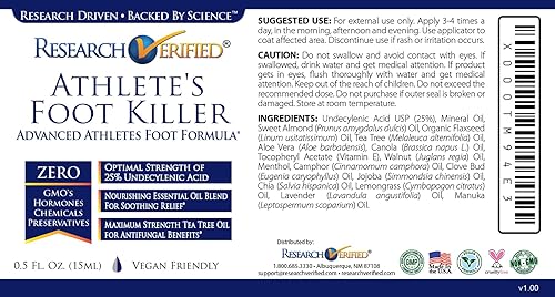 Miniatura 4 de Research Verified Athlete's Foot Killer - Alivio de pie de atleta superior - 25% ácido undecilénico y aceite de árbol de té. Reduce la duración,