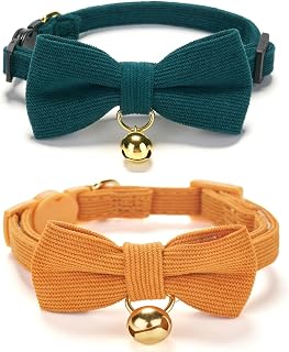 2 Pack Soft Corduroy Cat Collar, Plaid Pattern, with Bell and Bowtie, Safety Breakaway Clasp, Adjustable for and Cats.(Adult Cat, Orange+Green)