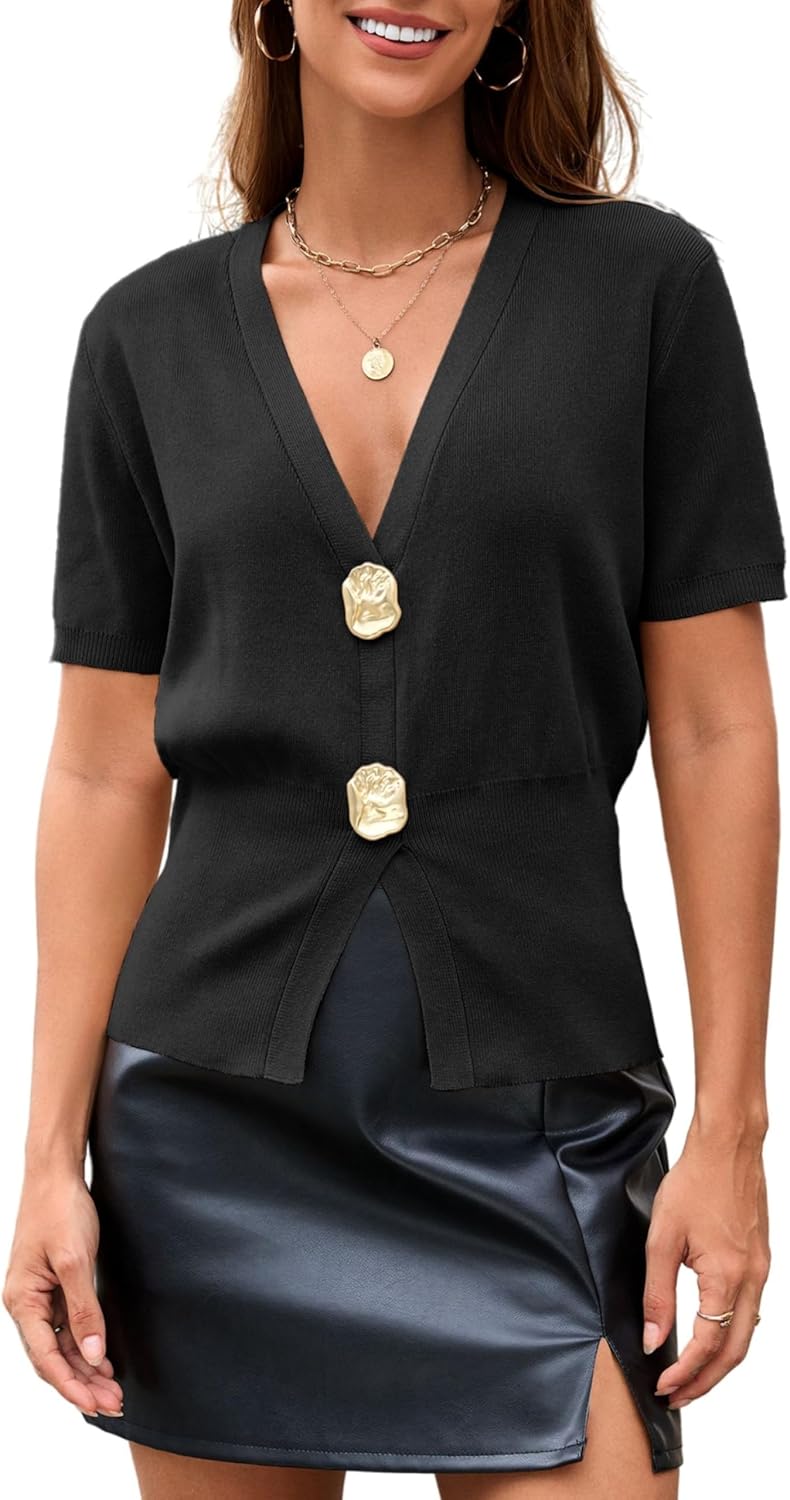 Tanming Womens Pullover Sweaters Solid Trendy Deep V Neck Button Up Waist Cinched Short Sleeve Knit Sweater Tops