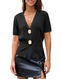 Tanming Womens Cardigan Sweaters Solid Trendy Deep V Neck Button Up Waist Cinched Short Sleeve Knit Sweater Top