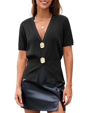 Tanming Womens Cardigan Sweaters Solid Trendy Deep V Neck Button Up Waist Cinched Short Sleeve Knit Sweater Top
