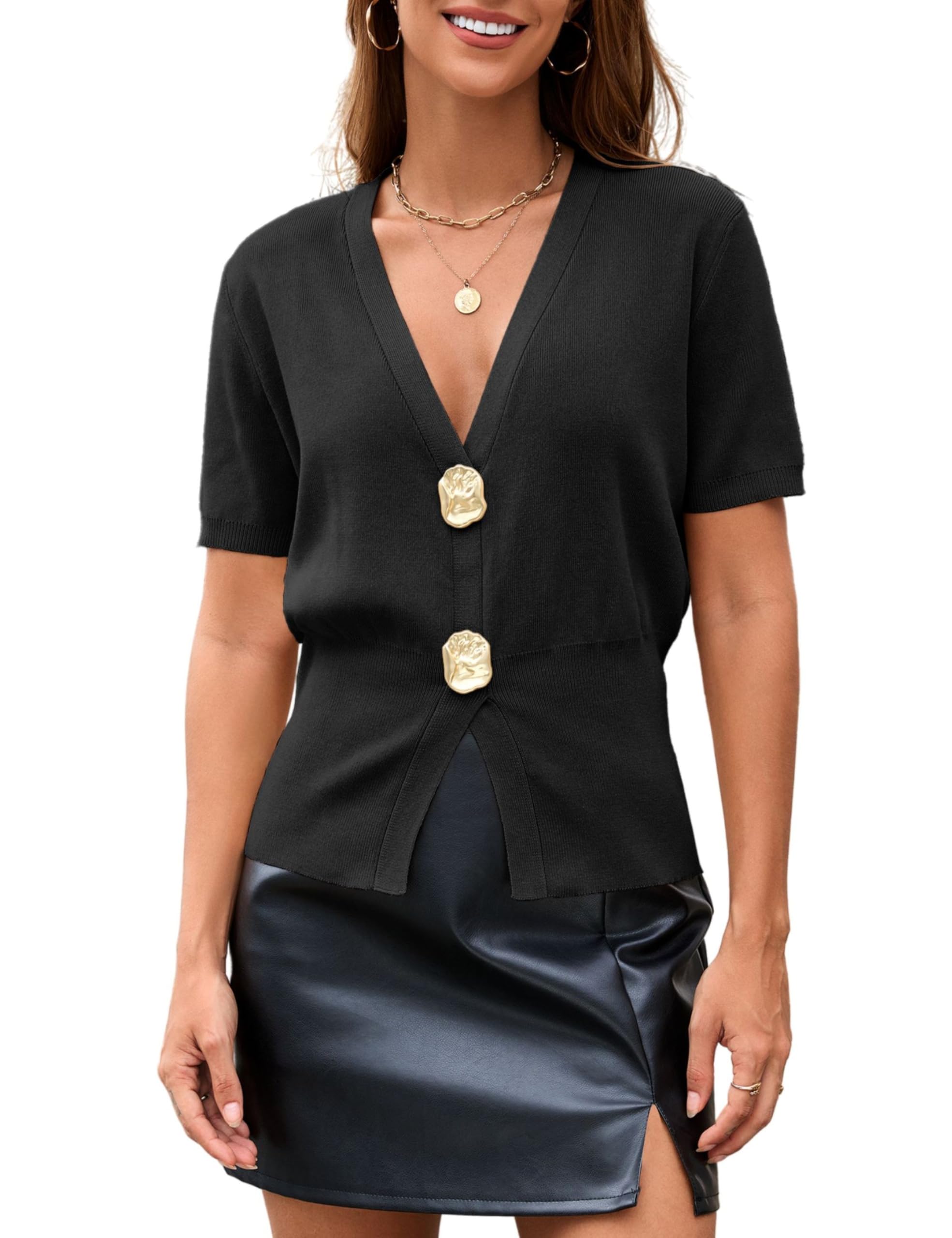 Tanming Womens Cardigan Sweaters Solid Trendy Deep V Neck Button Up Waist Cinched Short Sleeve Knit Sweater Top