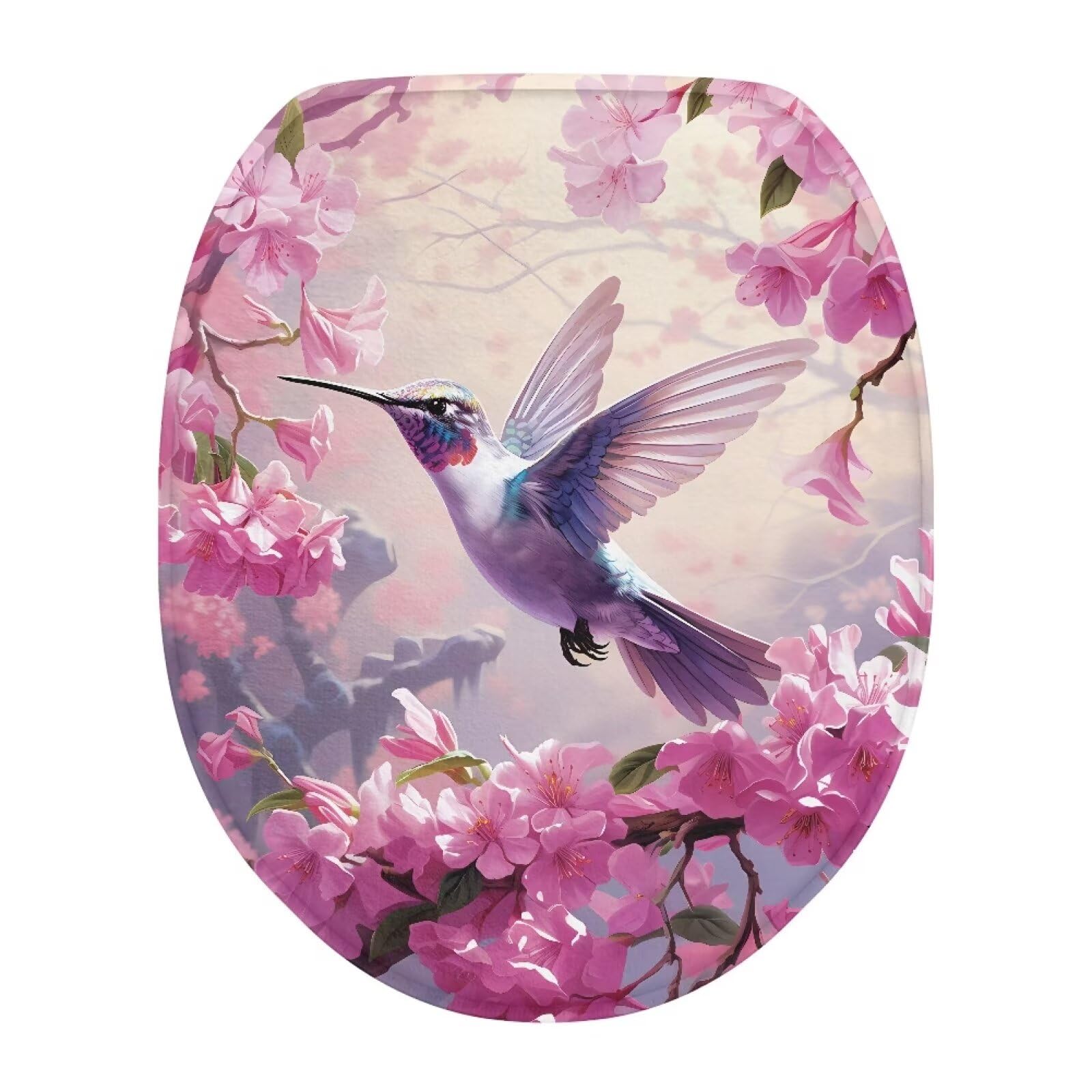COEQINE Bathroom Toilet Seat Cover Pink Cherry Blossom Hummingbirds Flower Toilet Seat Lid Covers Washable for Women Bathroom Decoration Toilet Seat Cover Dust Lid Cover Soft Plush Cover