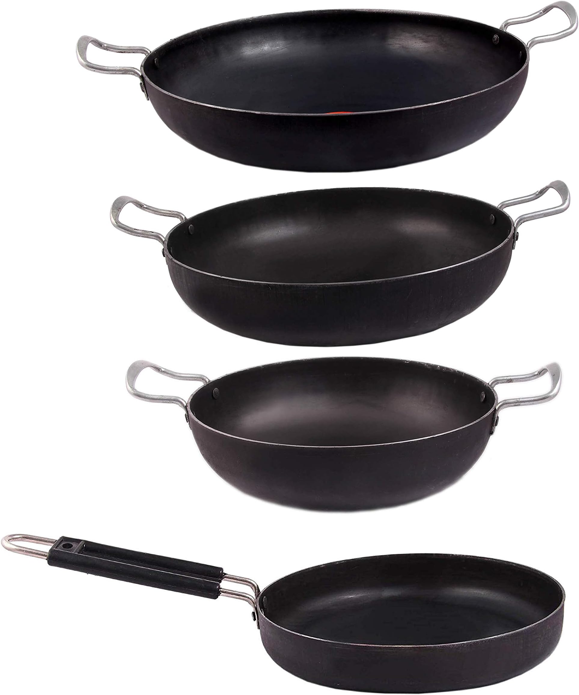 KITCHEN SHOPEE iron Cookware Combo 4 PES Set deep Kadai Frying Pan Kadhai Heavy Base Handmade With Handle Multipurpose Use 9 in 10 in 12 in 11 inch 11 liter iron fry pan Induction Friendly Black Color
