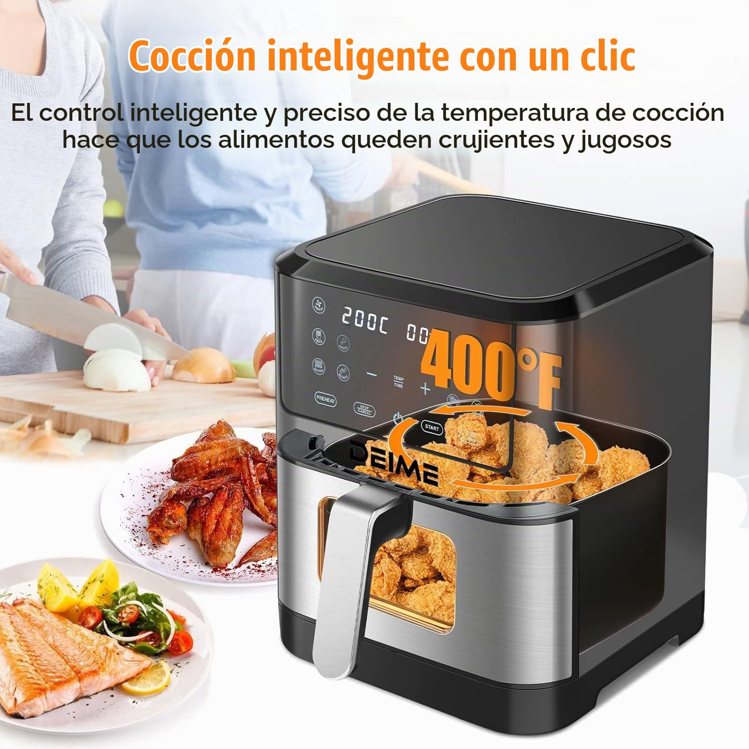 Freidora de Aire 10 Funciones, 6L, 1500W, Control Digital de Temperatura 80-200°C y Tiempo, Temporizador hasta 60 min. Pantalla LED, Ventana de Cocción Visible, Antideslizante. (6 LITROS)