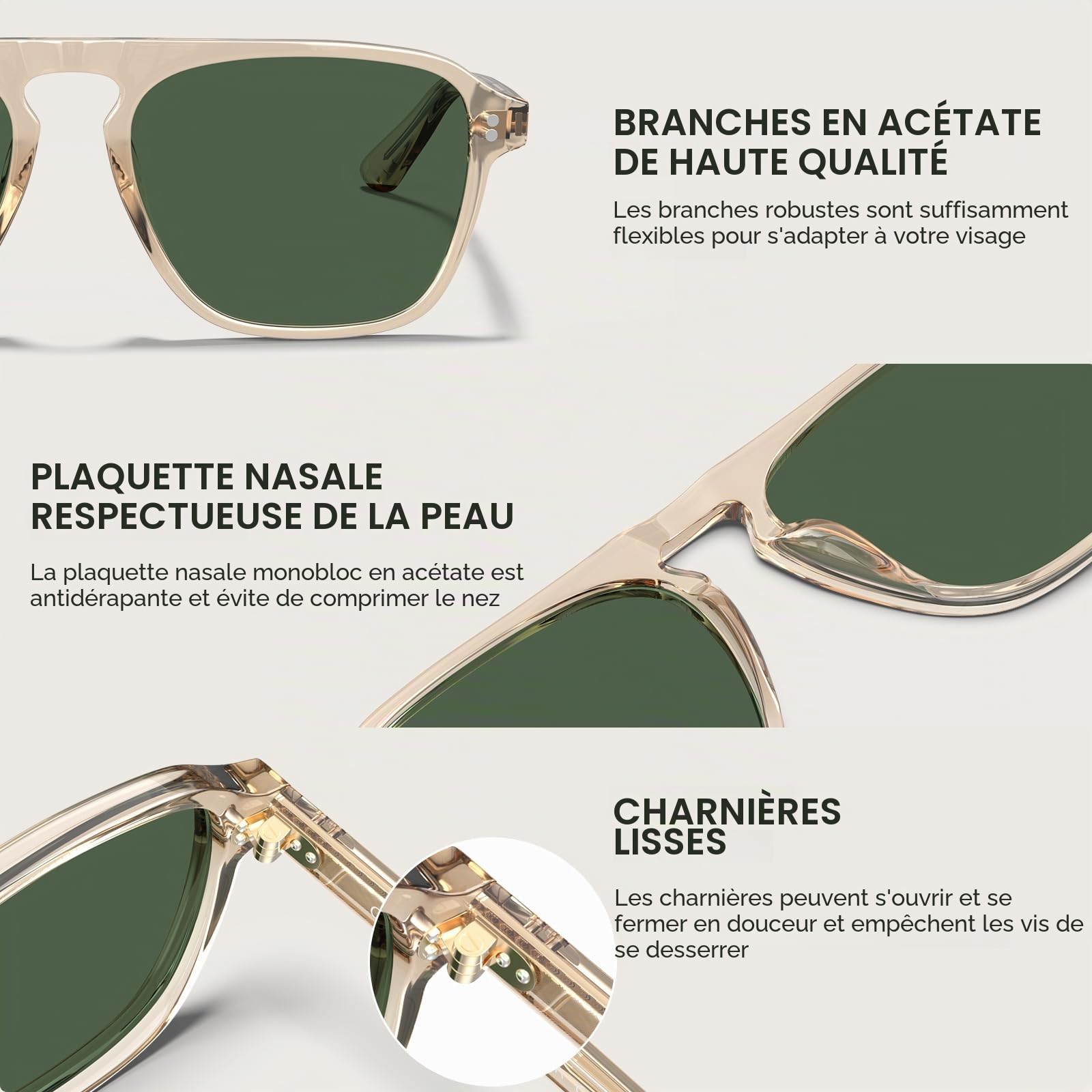 Carfia Polarisées Lunettes de soleil Hommes - Pilote Modèle UV 100% Protection Monture Rectangulaire en Acétate Lunettes de conduite CA5355