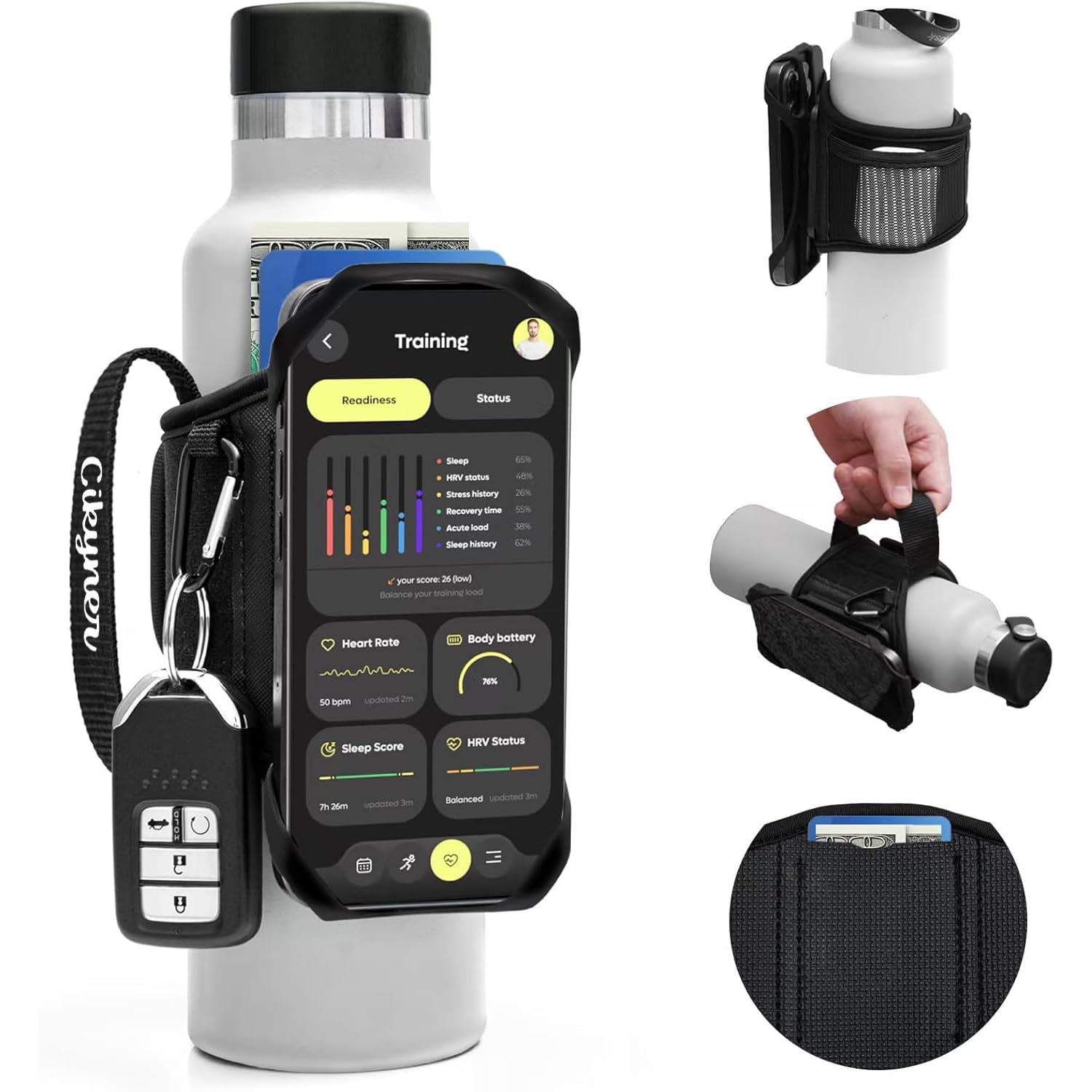 Cikyner Cinghia Bottiglia Acqua con Maniglia, 360° Girevole per Cellulare | Supporto rimovibile per bottiglie da 5-9 cm e telefoni 4,5-7". Ideale per palestra, corsa e allenamento