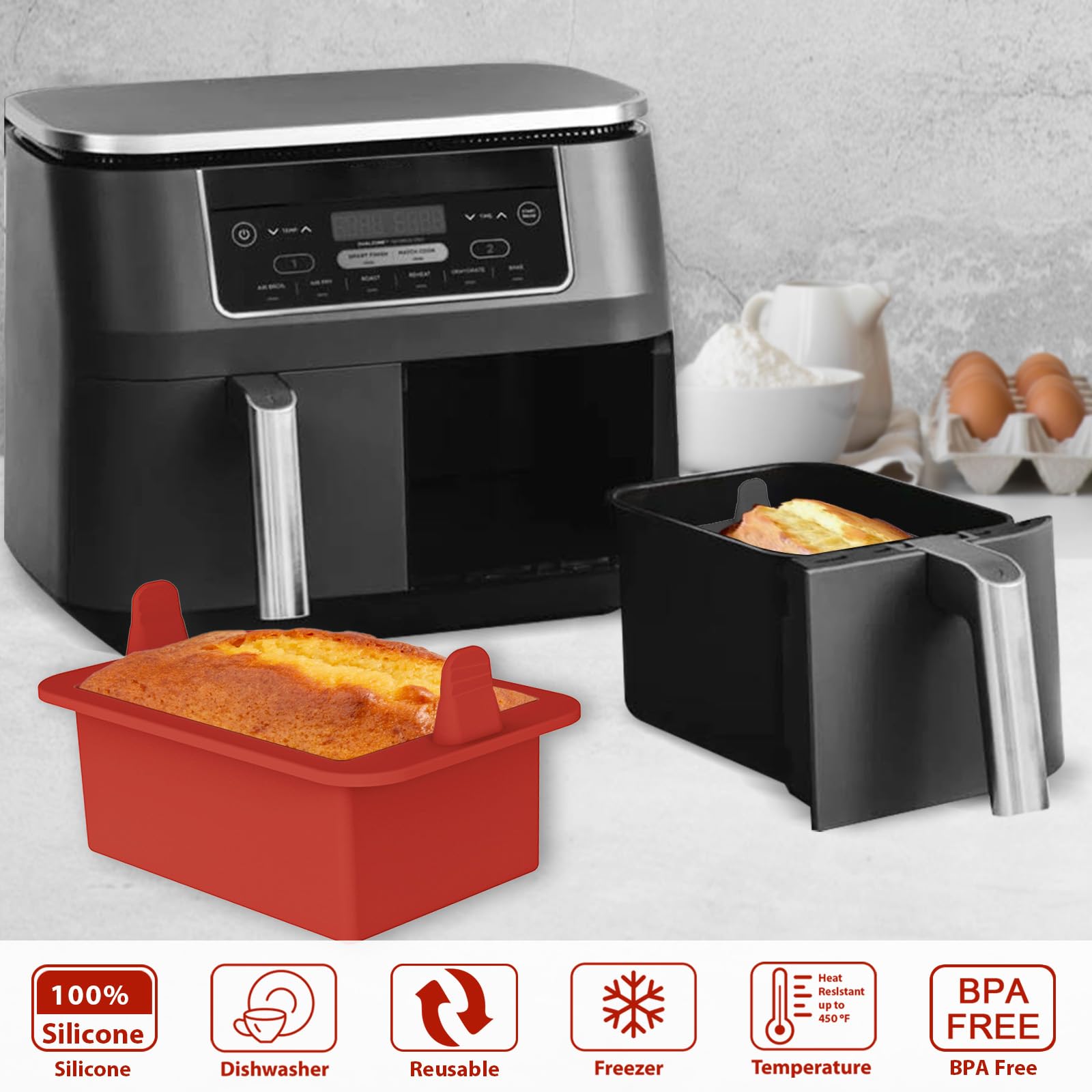 webake Stampo per pane piccolo in silicone per friggitrice ad aria calda, 2 stampi in silicone per friggitrice ad aria calda, 500 g, stampo rettangolare per pane, scatola, torte, 14 x 9 x 6 cm