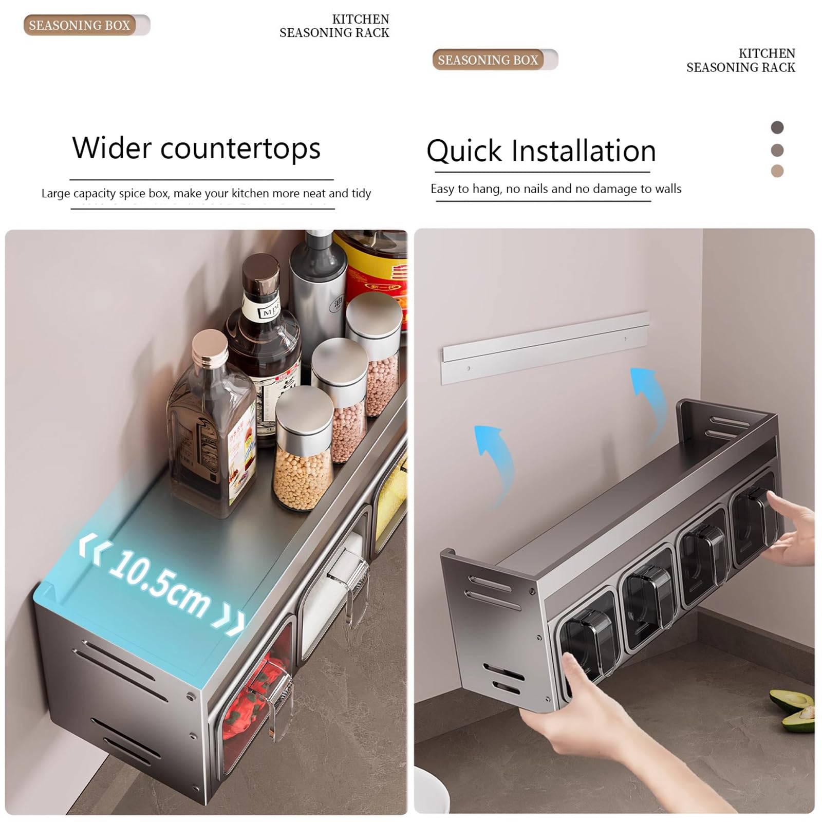 Estante de especias montado en la pared para cocina, 5 recipientes para hierbas y especias con asas, ideal para sal azúcar y condimentos, especias blancas para almacenamiento en encimera