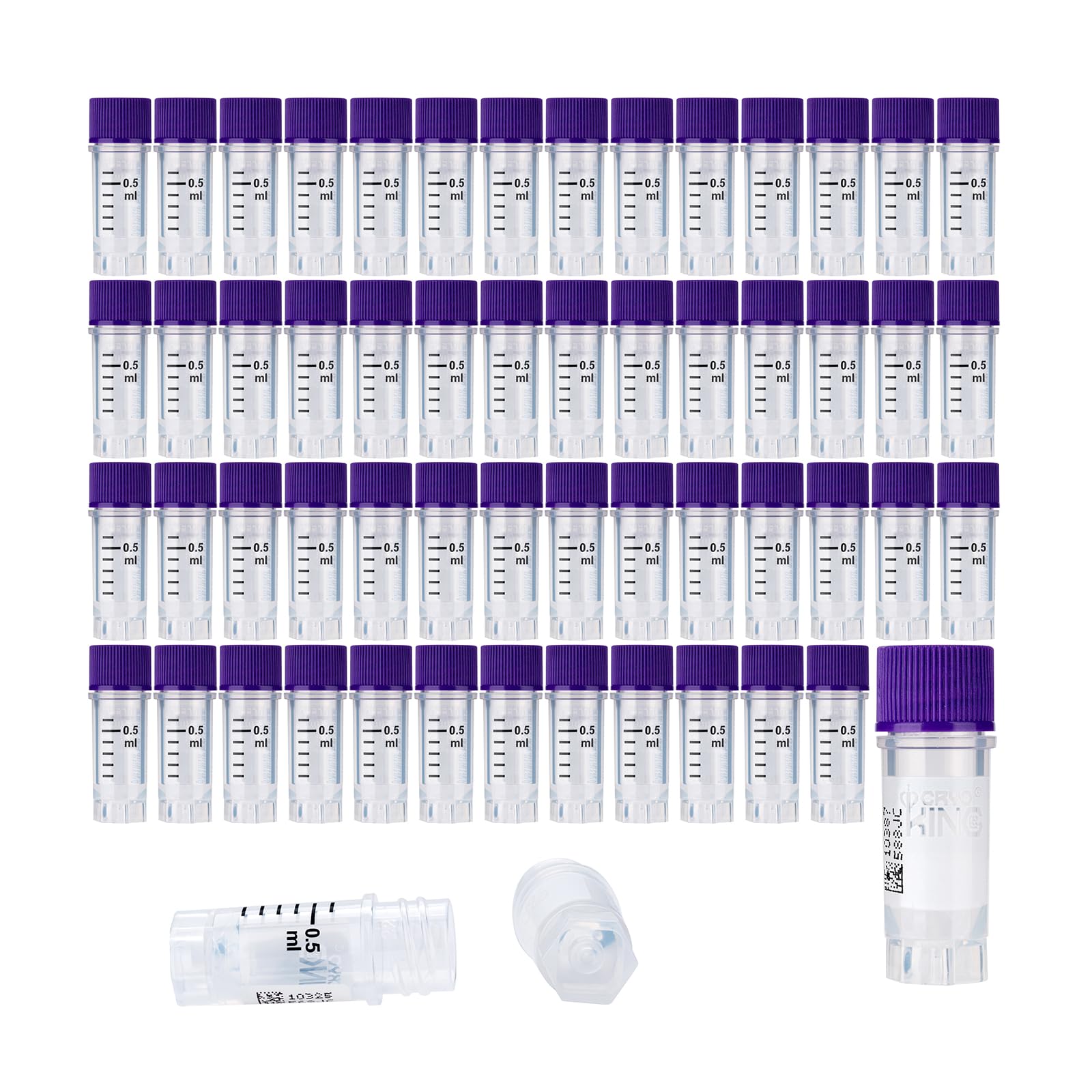Crioviales de 0,5 ml, 1000 criotubos con código de barras lateral, viales de esterilización con rosca externa, tubos de muestra con tapas moradas, tubos de laboratorio para almacenamiento de